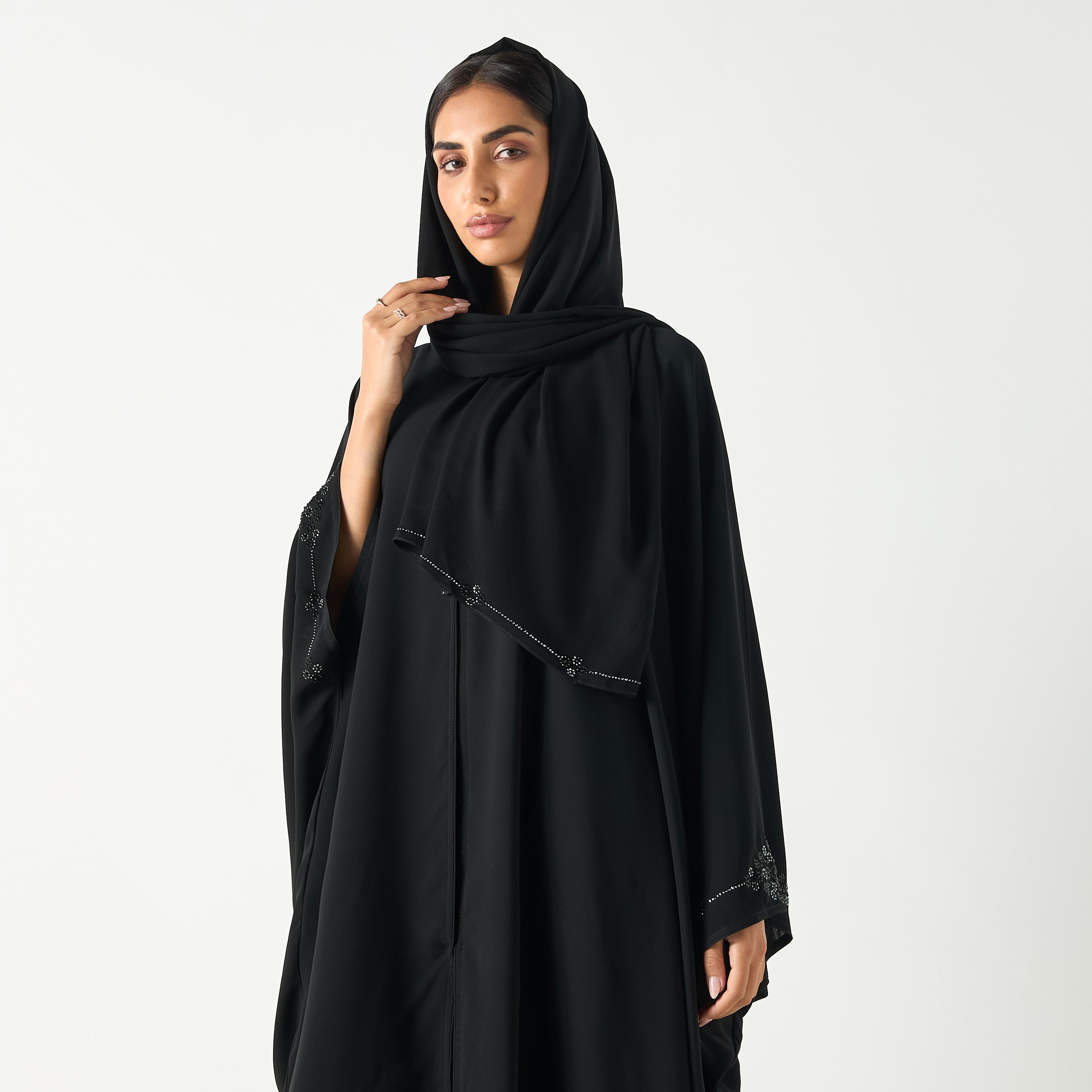 Hadiyath Al Madinah Embellished V-neck Abaya with Hijab-women-arabicclothing-abayas-image-2