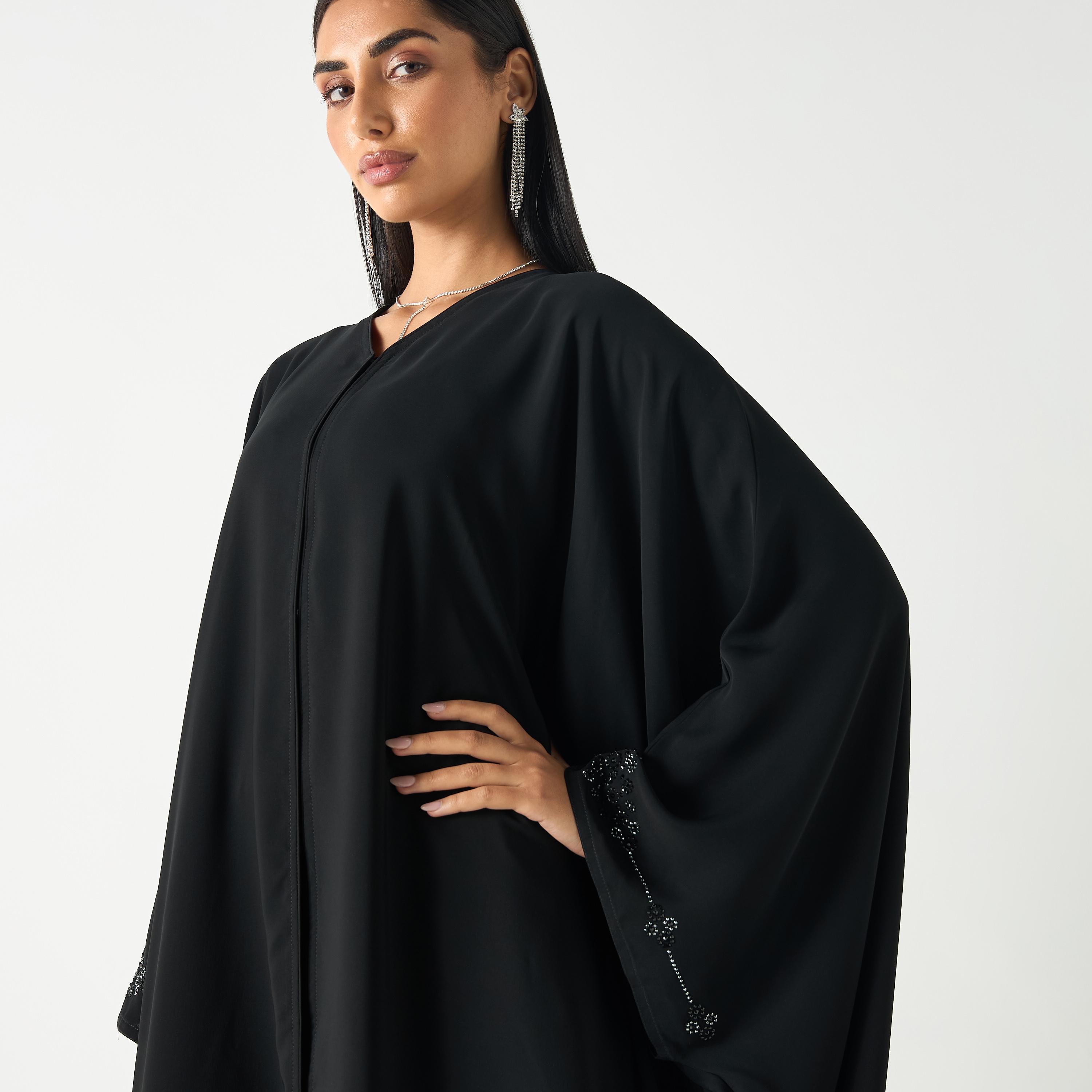 Hadiyath Al Madinah Embellished V-neck Abaya with Hijab-women-arabicclothing-abayas-image-3
