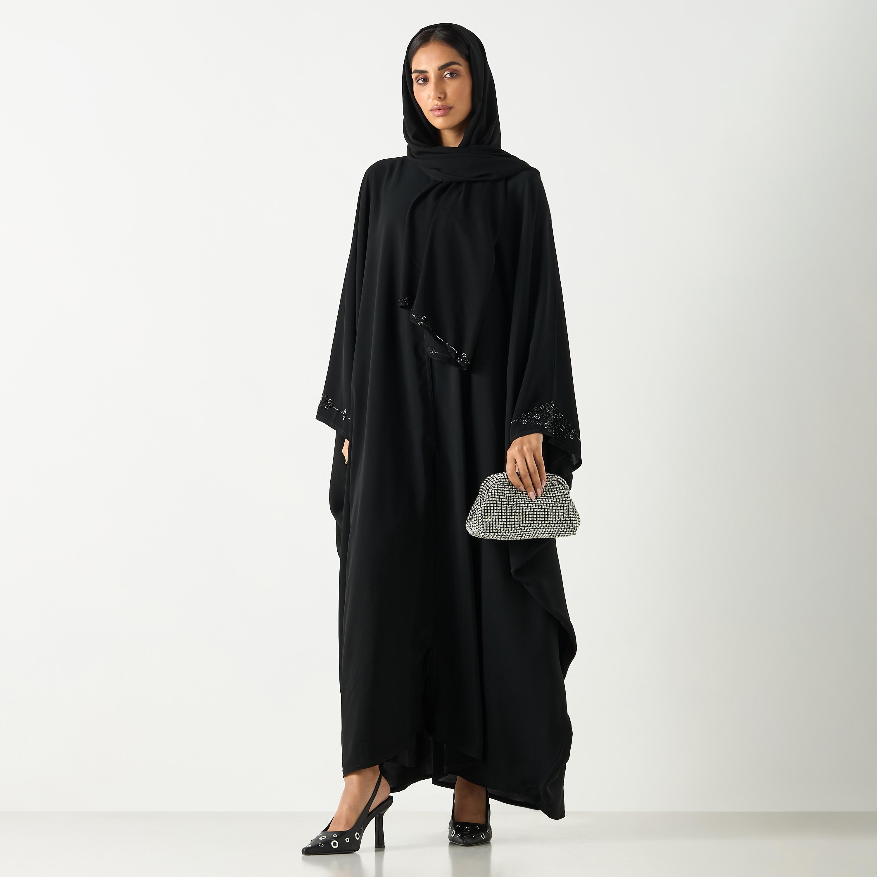 Hadiyath Al Madinah Embellished V-neck Abaya with Hijab-women-arabicclothing-abayas-image-4