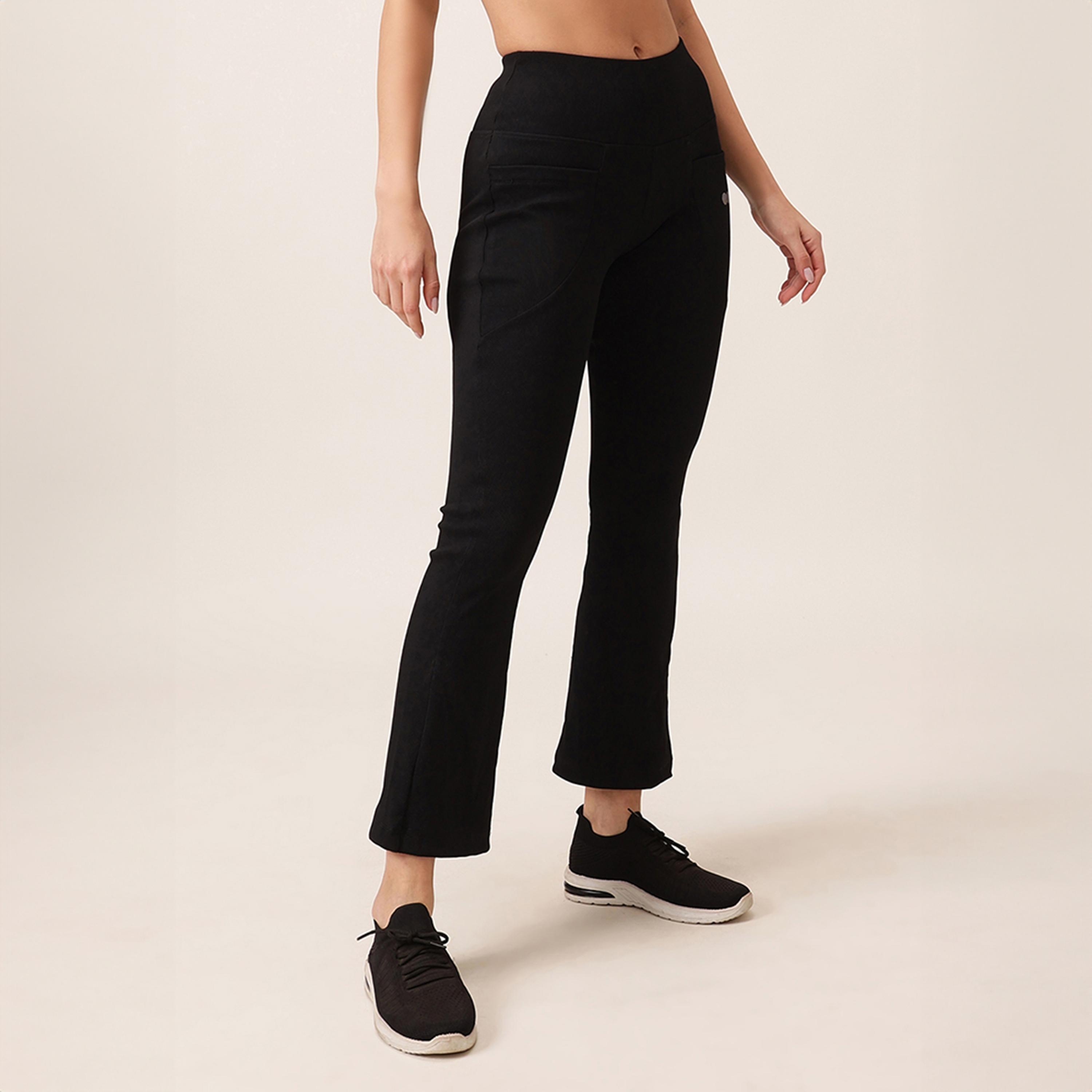 Clovia Comfort Fit High-Waist Ribbed Flared Women's Yoga Pants in Black with Side Pockets-women-clothing-bottoms-joggers-image-2