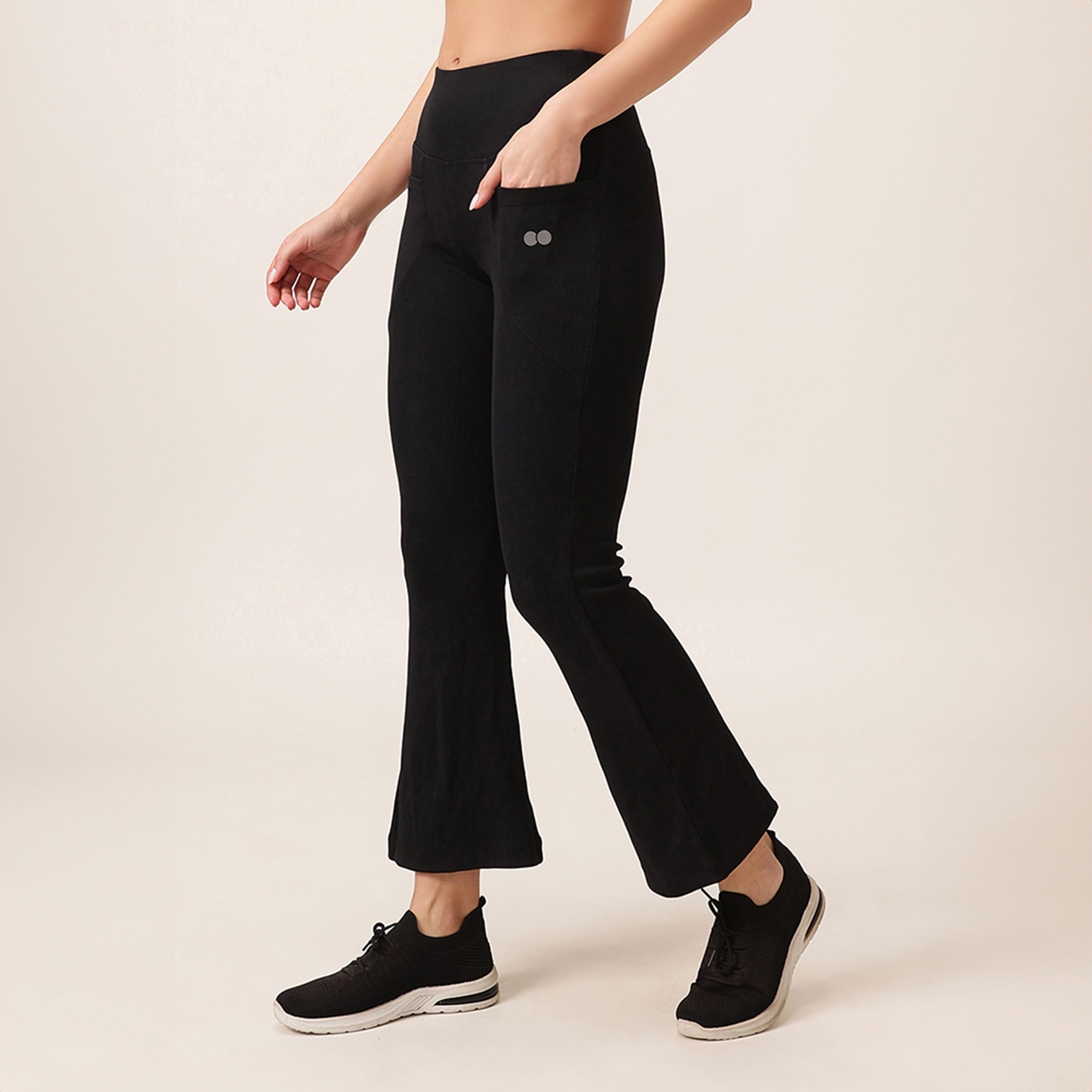 Clovia Comfort Fit High-Waist Ribbed Flared Women's Yoga Pants in Black with Side Pockets-women-clothing-bottoms-joggers-image-3