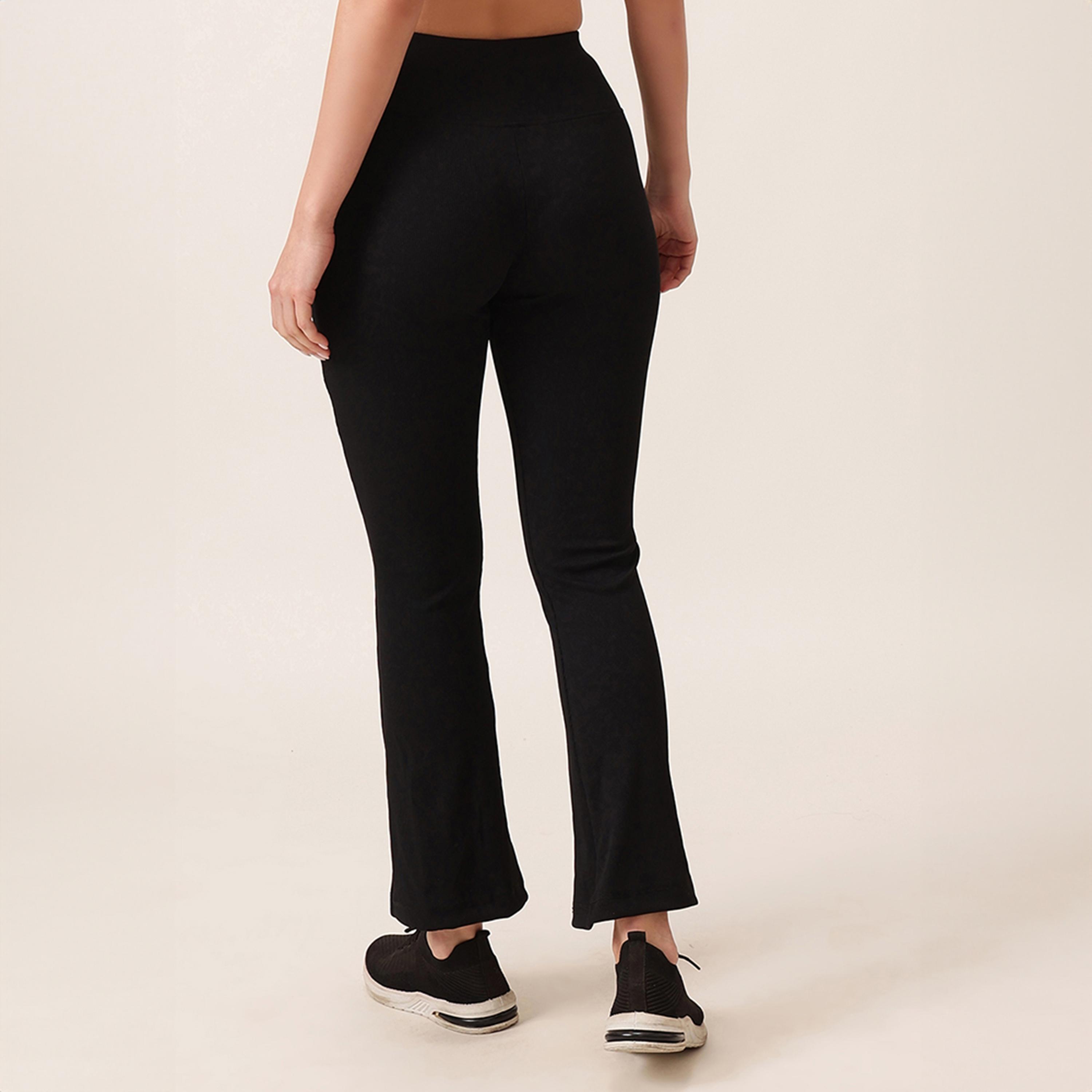 Clovia Comfort Fit High-Waist Ribbed Flared Women's Yoga Pants in Black with Side Pockets-women-clothing-bottoms-joggers-image-4