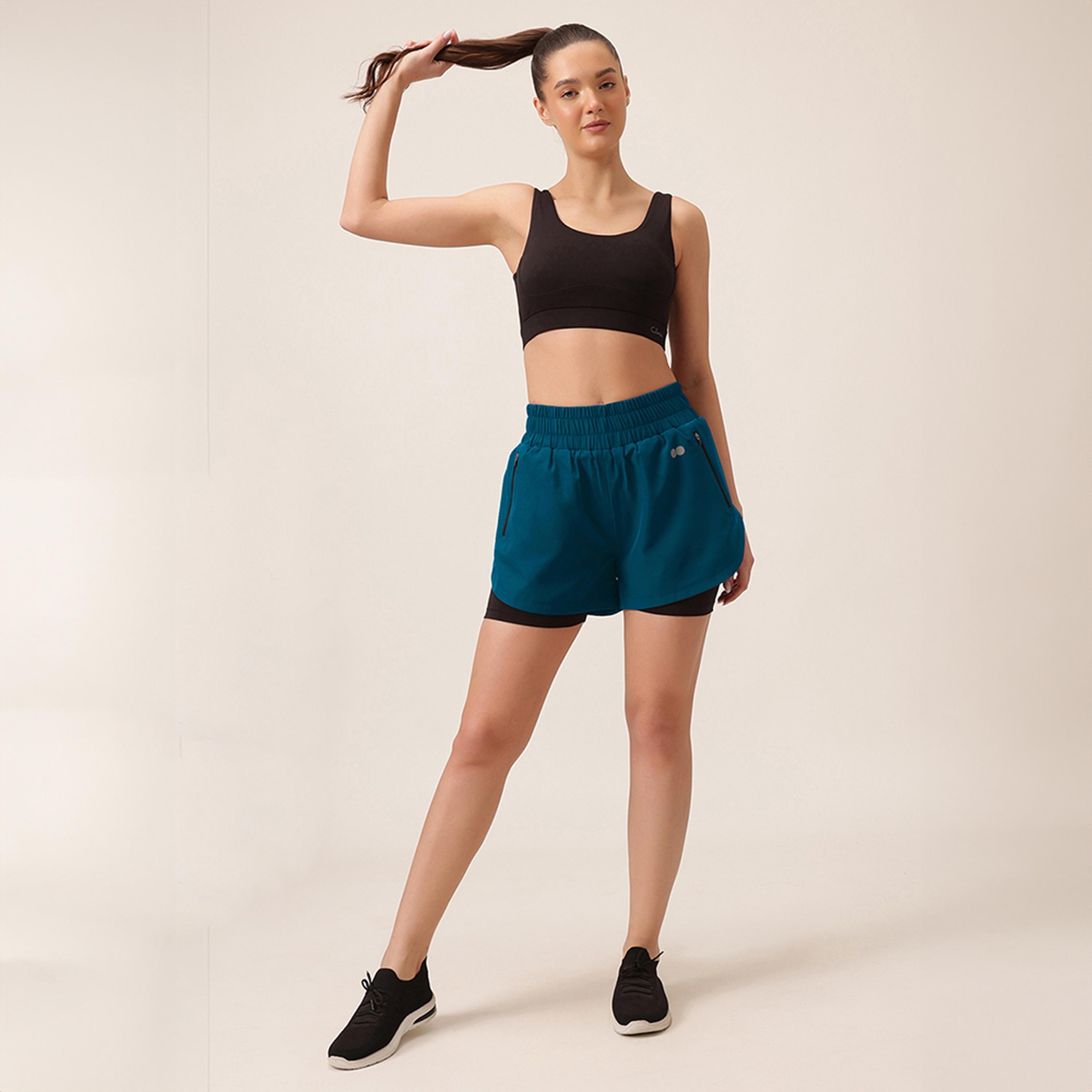Clovia Snug Fit Active High Rise Women's Running Shorts in Teal Blue-women-clothing-sportswearandactivewear-bottoms-athleticskirtsandshorts-image-2