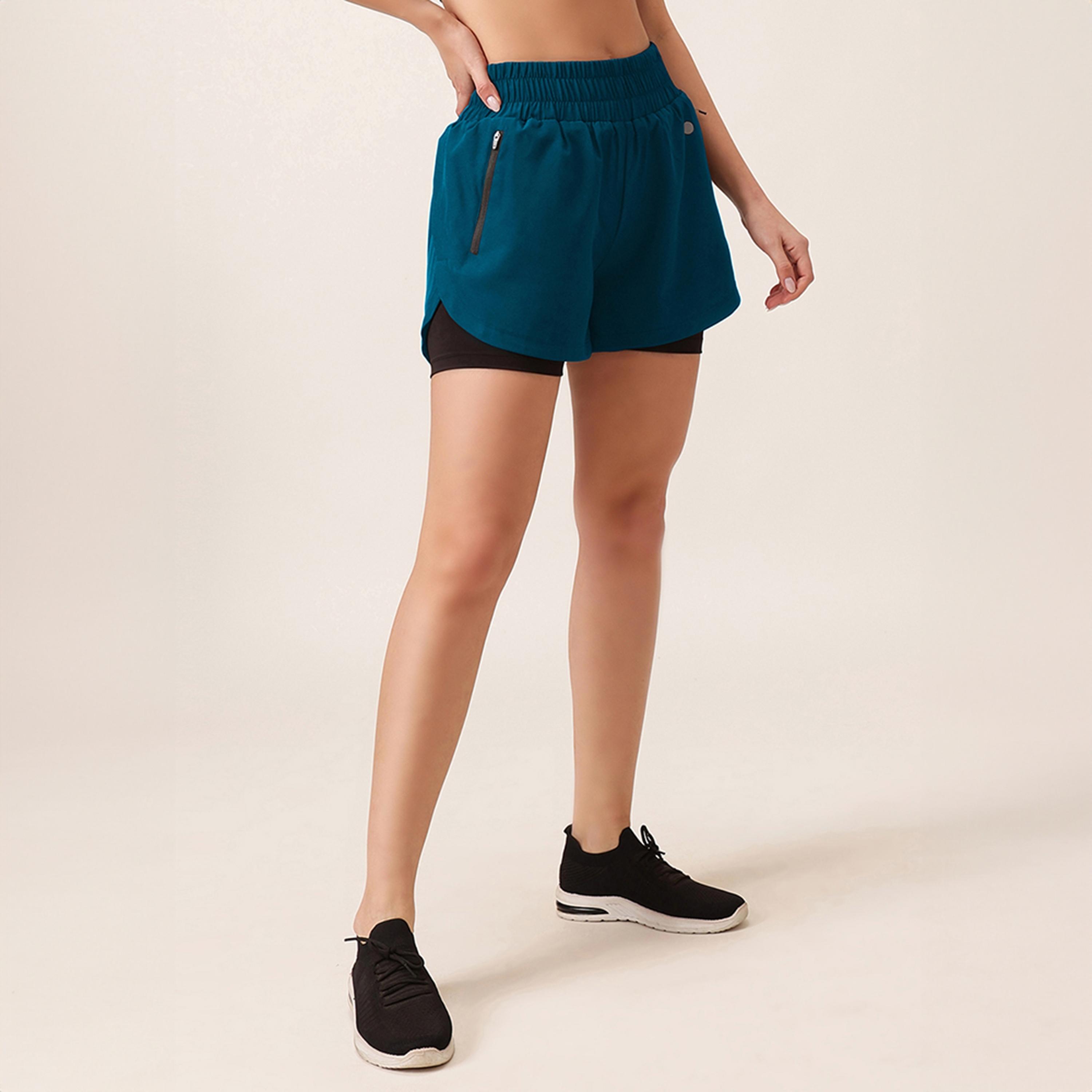 Clovia Snug Fit Active High Rise Women's Running Shorts in Teal Blue-women-clothing-sportswearandactivewear-bottoms-athleticskirtsandshorts-image-3
