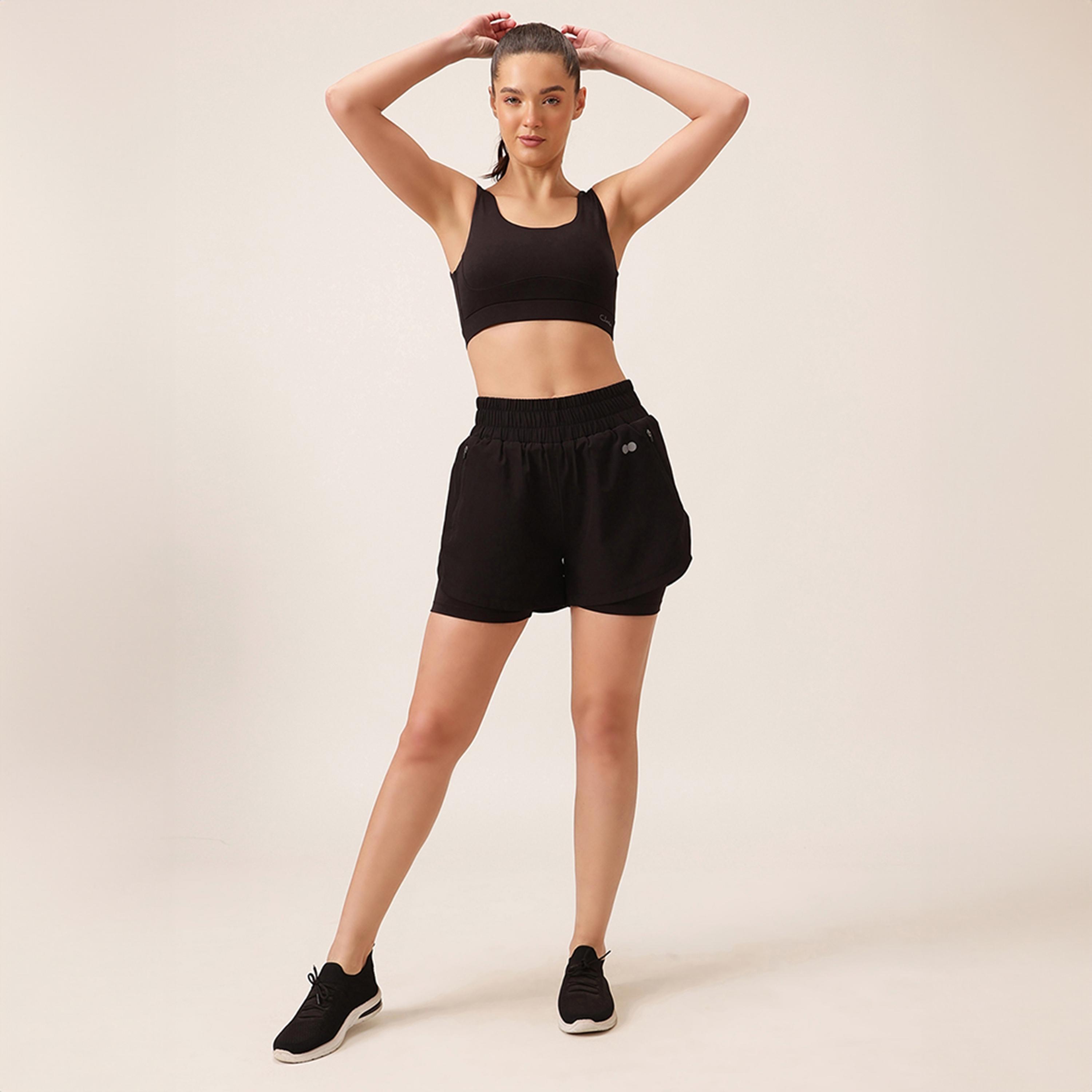 Clovia Snug Fit Active High Rise Women's Running Shorts in Black-women-clothing-sportswearandactivewear-bottoms-athleticskirtsandshorts-image-2