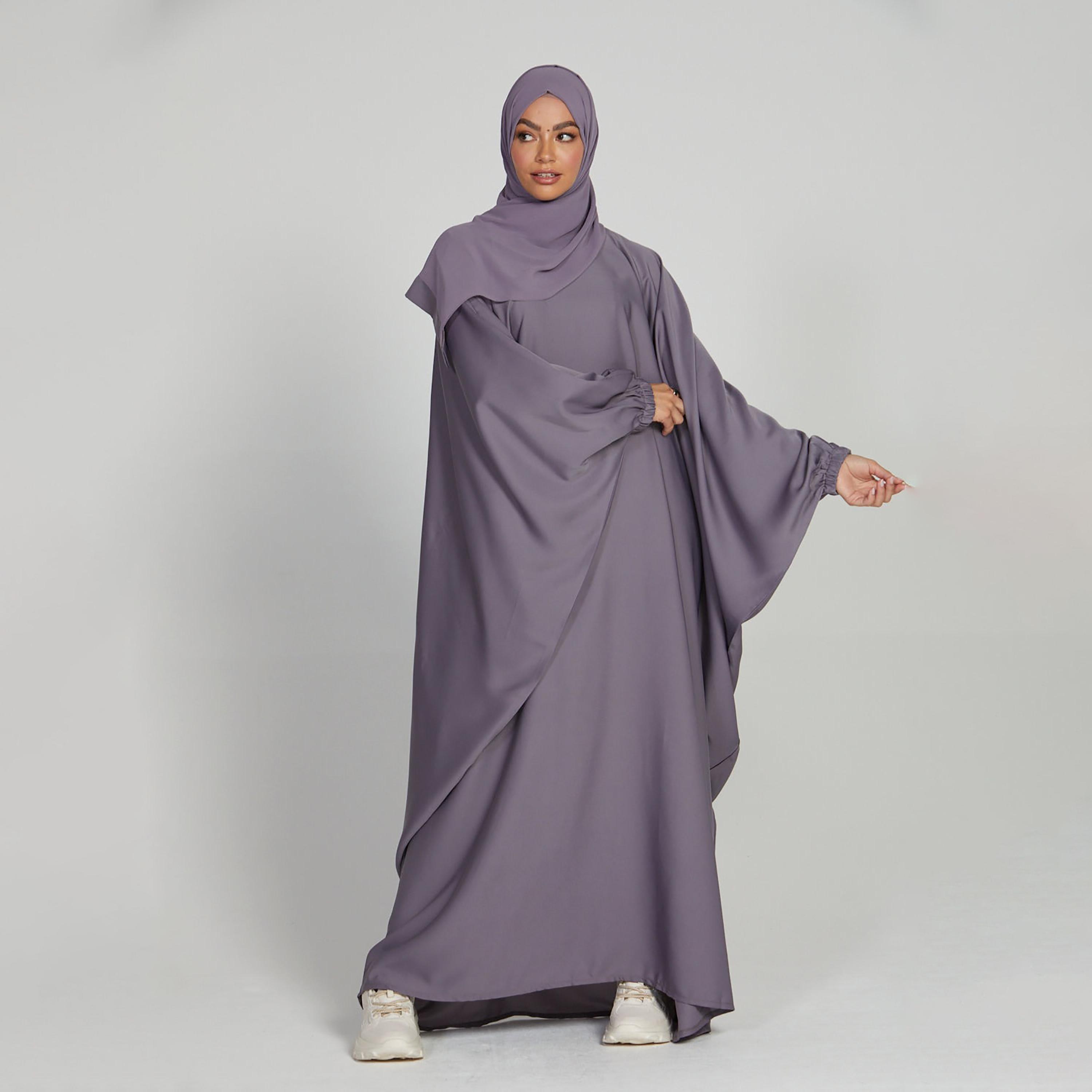 Nukhbaa Grey Nida Elasticated Cuff Sleeve Butterfly Abaya with Hijab-women-arabicclothing-prayerclothing-image-4