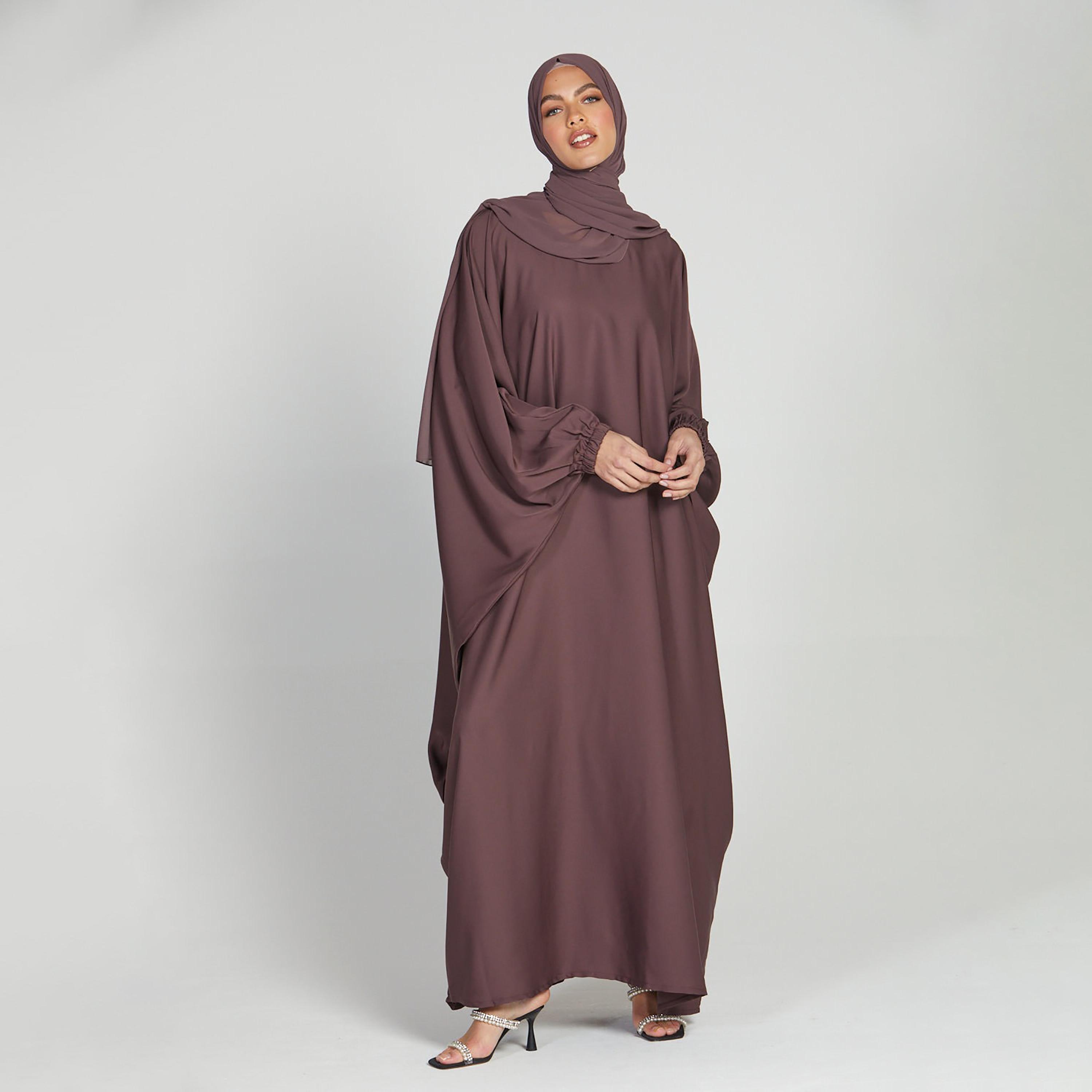 Nukhbaa Brown Nida Elasticated Cuff Sleeve Butterfly Abaya with Hijab-women-arabicclothing-prayerclothing-image-1