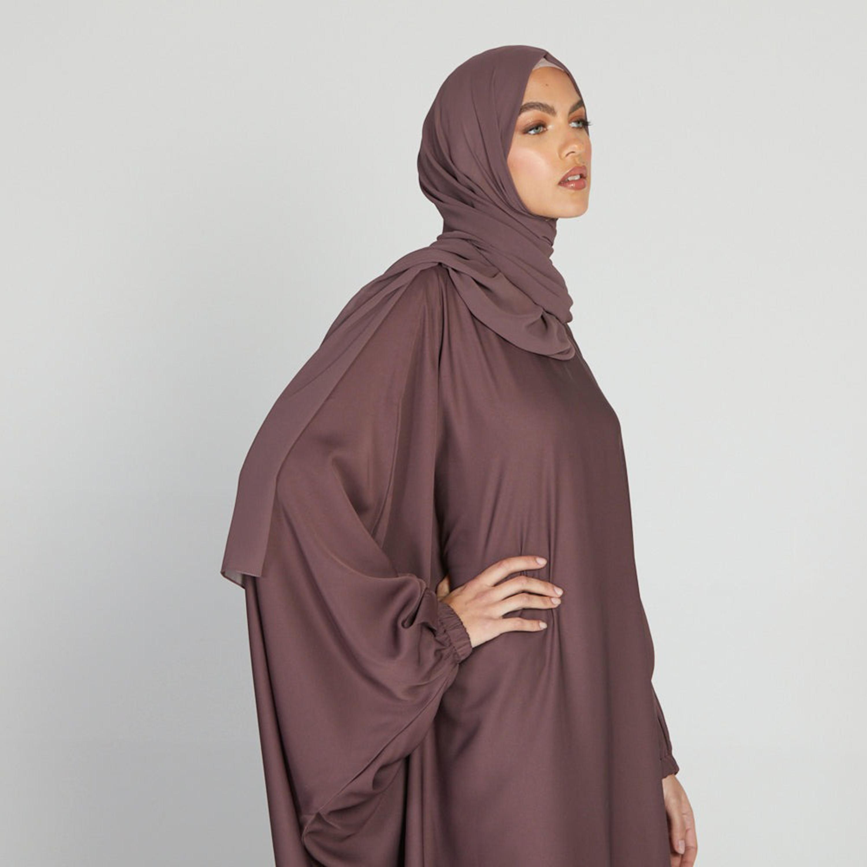 Nukhbaa Brown Nida Elasticated Cuff Sleeve Butterfly Abaya with Hijab-women-arabicclothing-prayerclothing-image-2