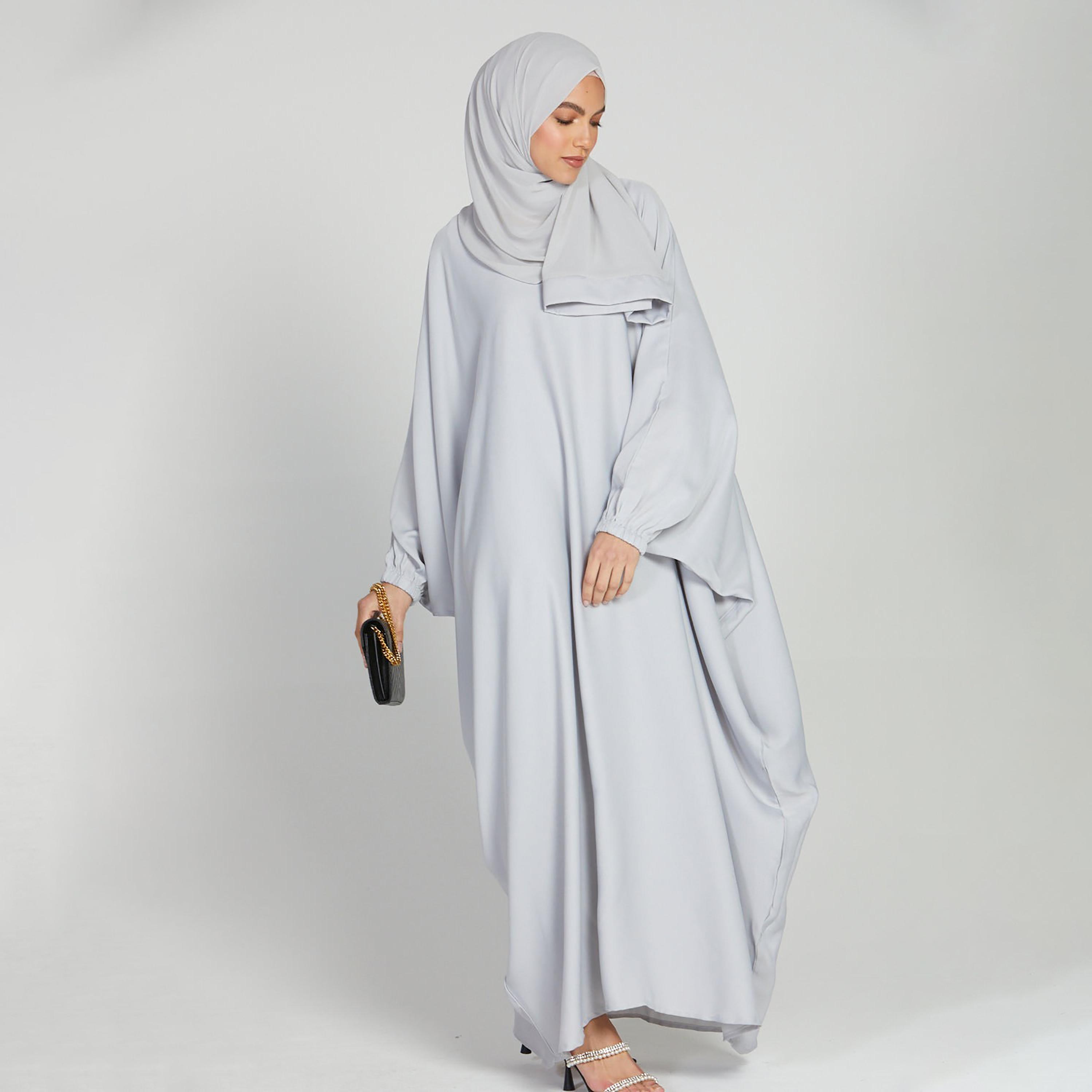 Nukhbaa Grey Nida Elasticated Cuff Sleeve Butterfly Abaya with Hijab-women-arabicclothing-prayerclothing-image-1