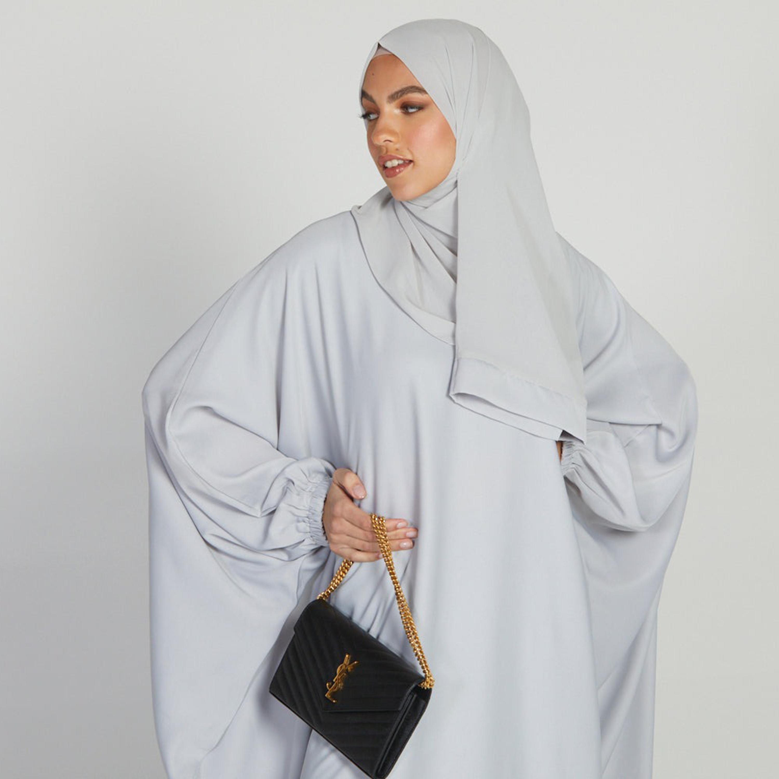 Nukhbaa Grey Nida Elasticated Cuff Sleeve Butterfly Abaya with Hijab-women-arabicclothing-prayerclothing-image-2