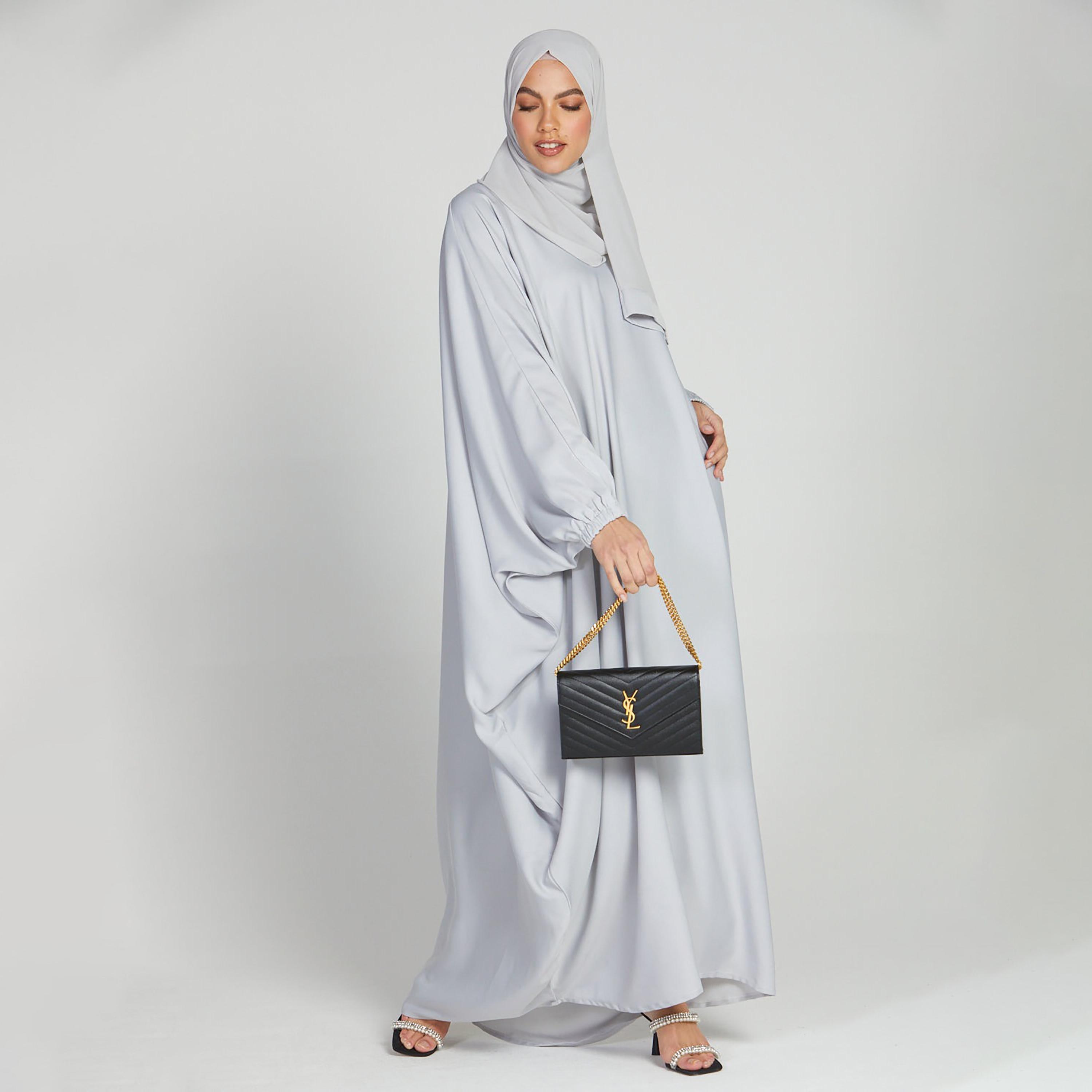 Nukhbaa Grey Nida Elasticated Cuff Sleeve Butterfly Abaya with Hijab-women-arabicclothing-prayerclothing-image-3
