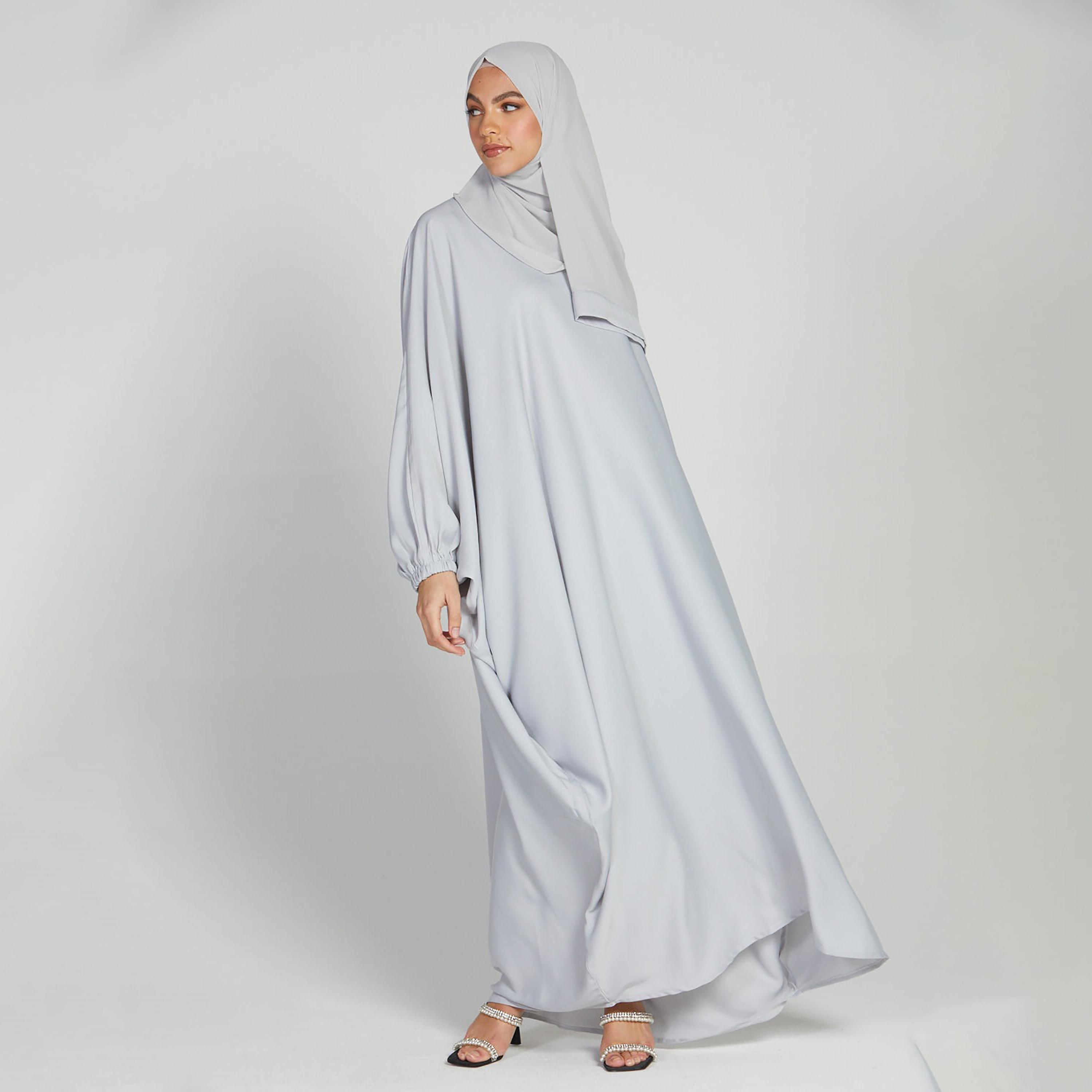 Nukhbaa Grey Nida Elasticated Cuff Sleeve Butterfly Abaya with Hijab-women-arabicclothing-prayerclothing-image-4