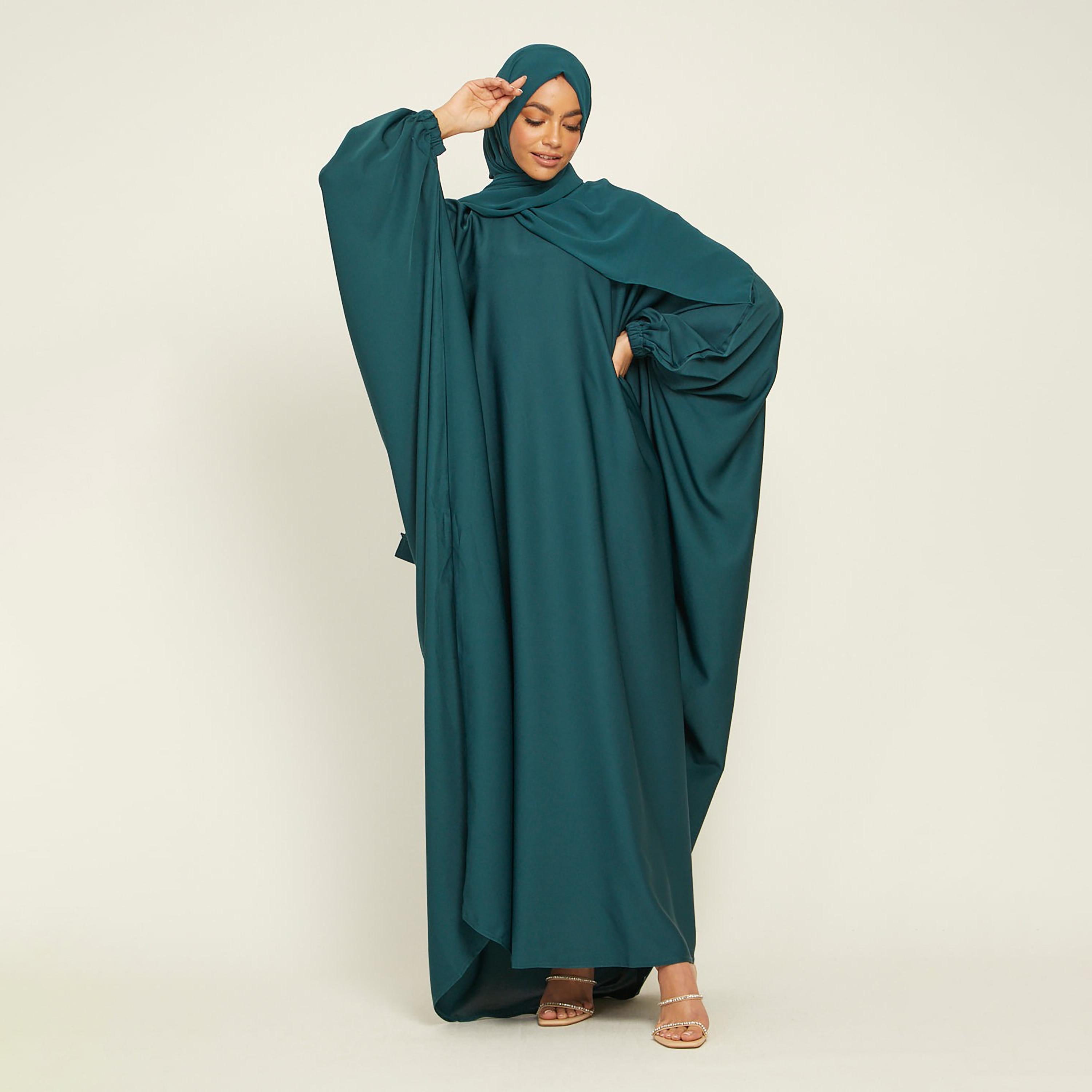 Nukhbaa Green Nida Elasticated Cuff Sleeve Butterfly Abaya with Hijab-women-arabicclothing-abayas-image-1