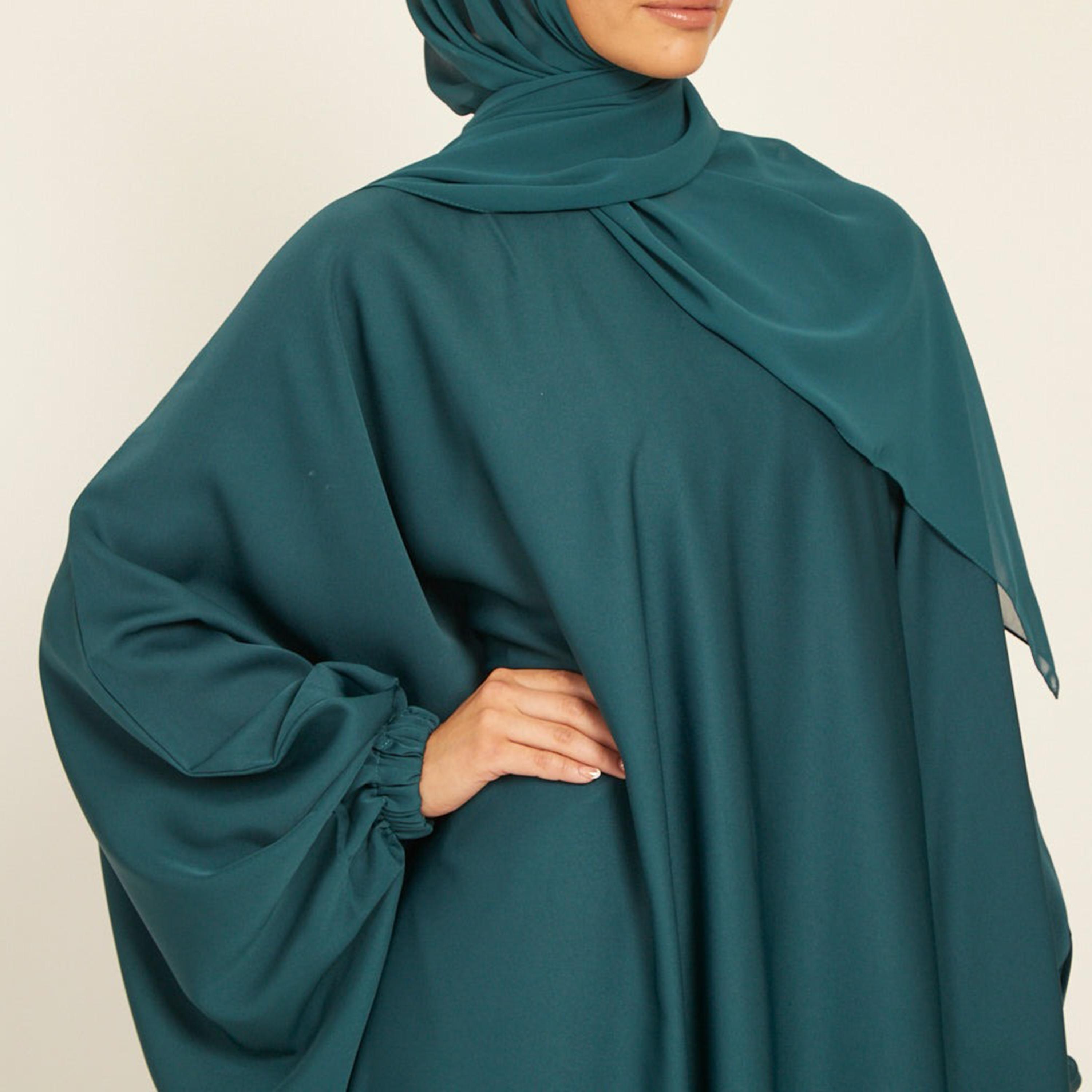 Nukhbaa Green Nida Elasticated Cuff Sleeve Butterfly Abaya with Hijab-women-arabicclothing-abayas-image-2