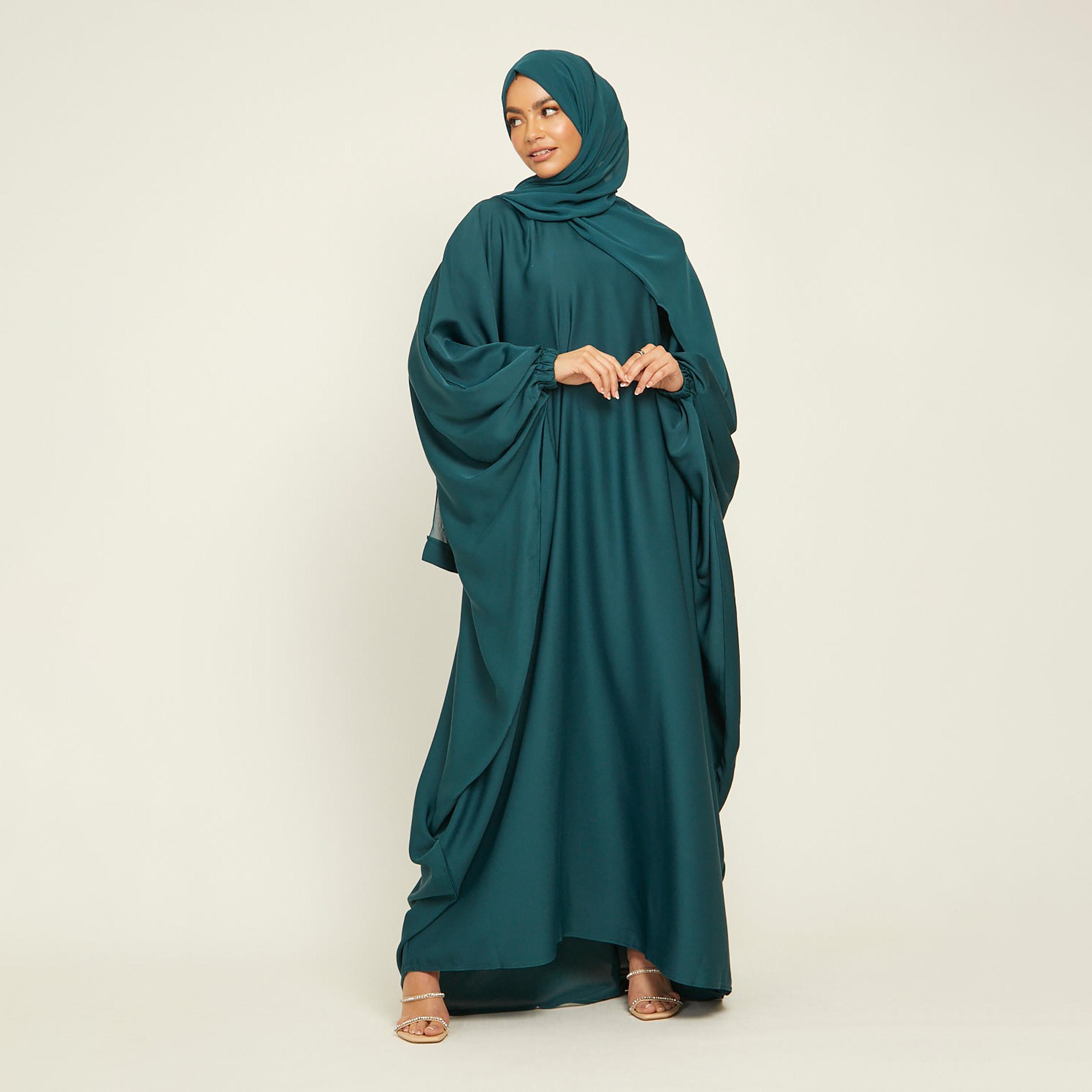 Nukhbaa Green Nida Elasticated Cuff Sleeve Butterfly Abaya with Hijab-women-arabicclothing-abayas-image-3