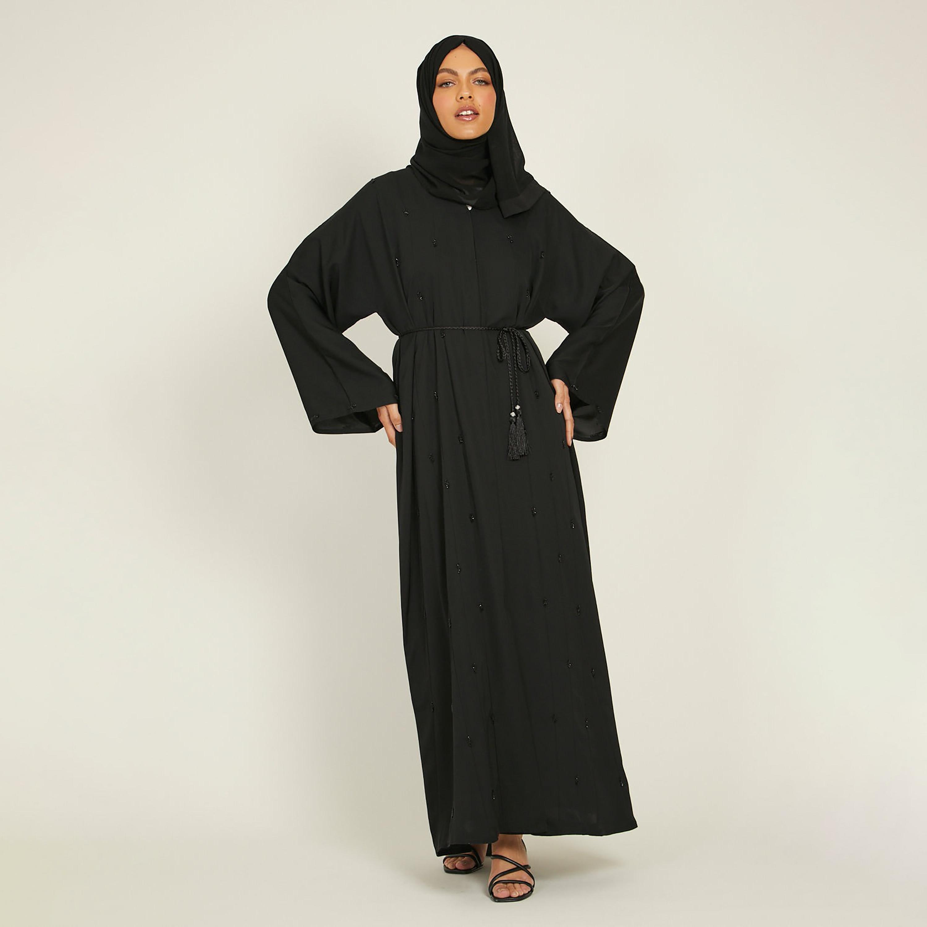 Nukhbaa Black Nida Beaded Tie-Up Abaya with Hijab-women-arabicclothing-abayas-image-1