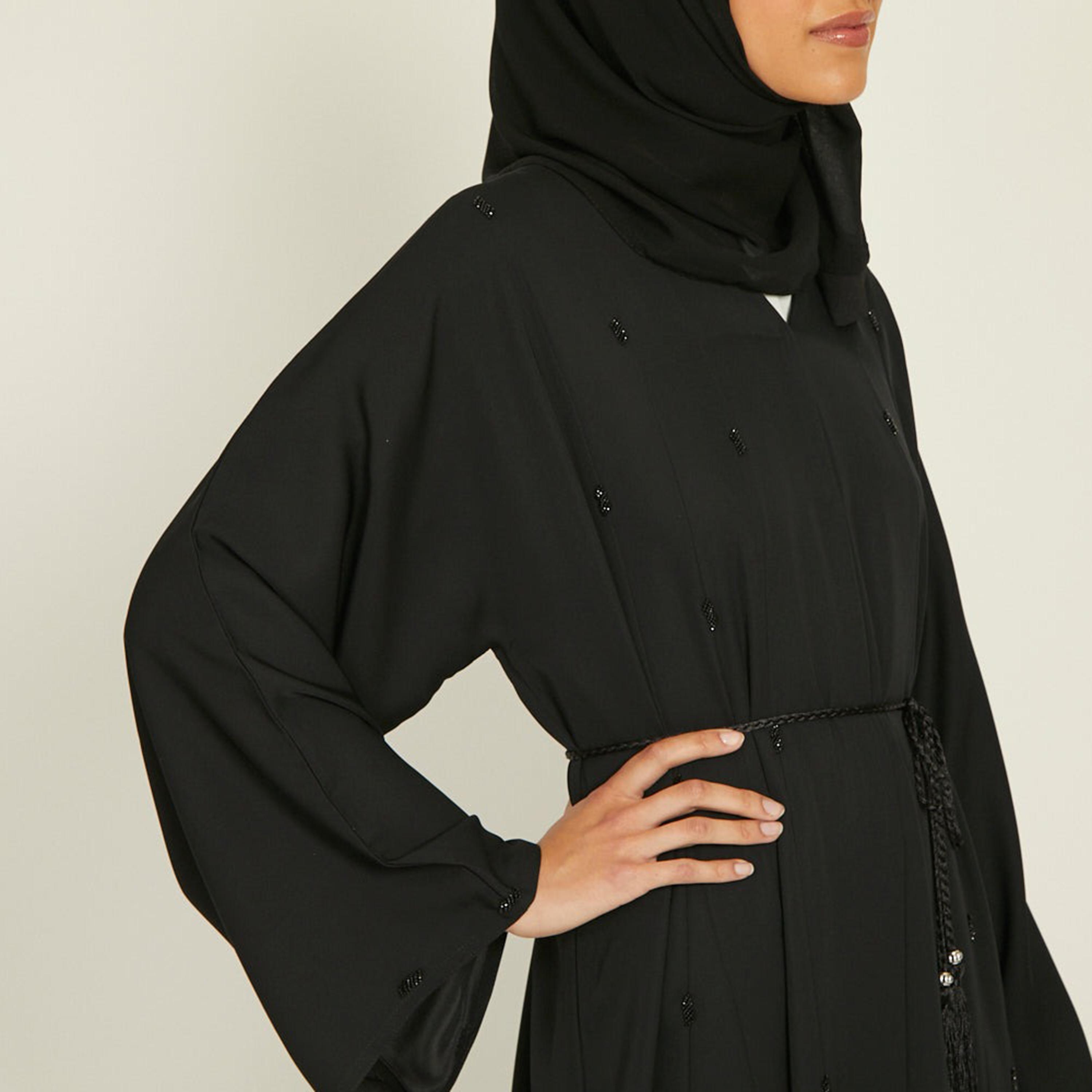 Nukhbaa Black Nida Beaded Tie-Up Abaya with Hijab-women-arabicclothing-abayas-image-2