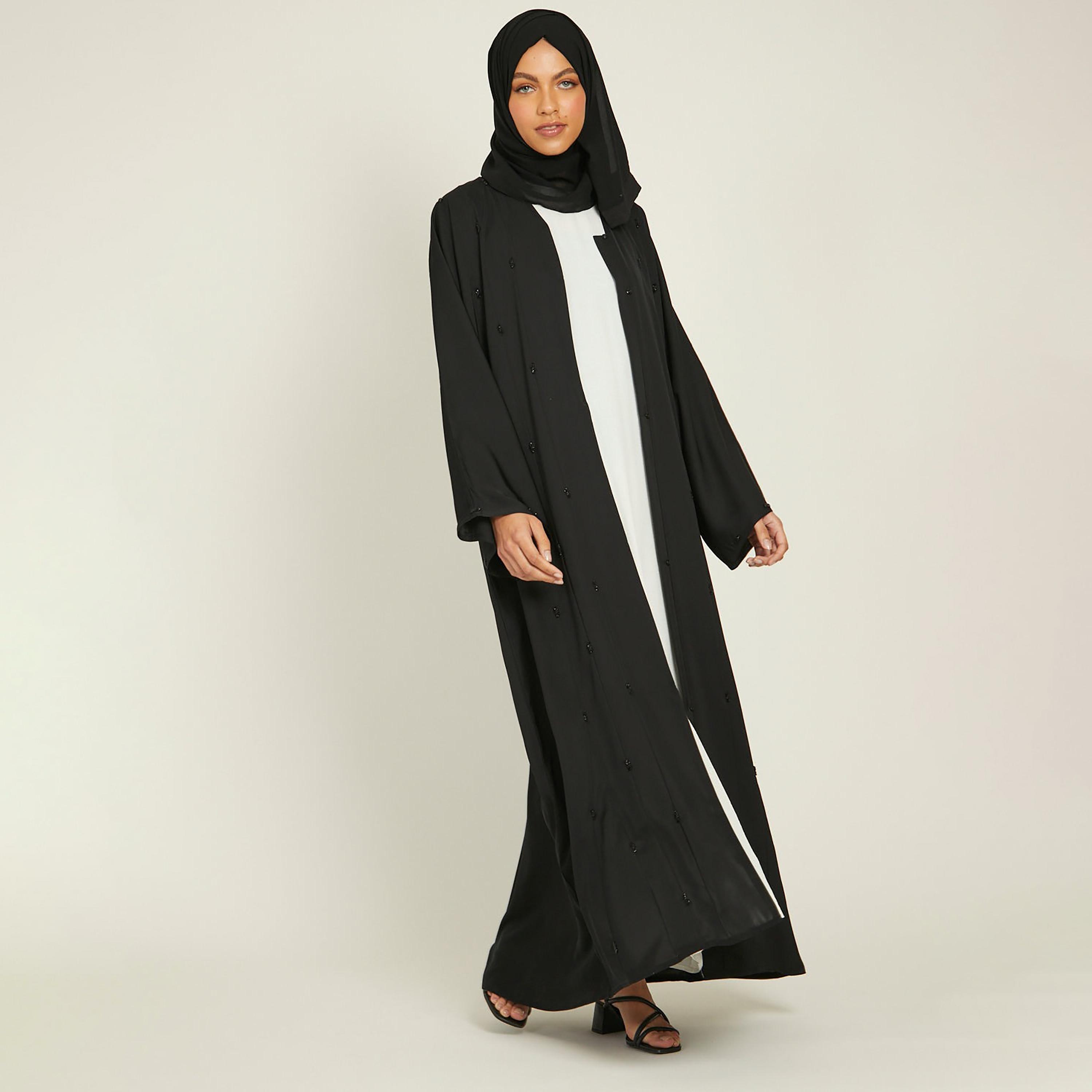 Nukhbaa Black Nida Beaded Tie-Up Abaya with Hijab-women-arabicclothing-abayas-image-3