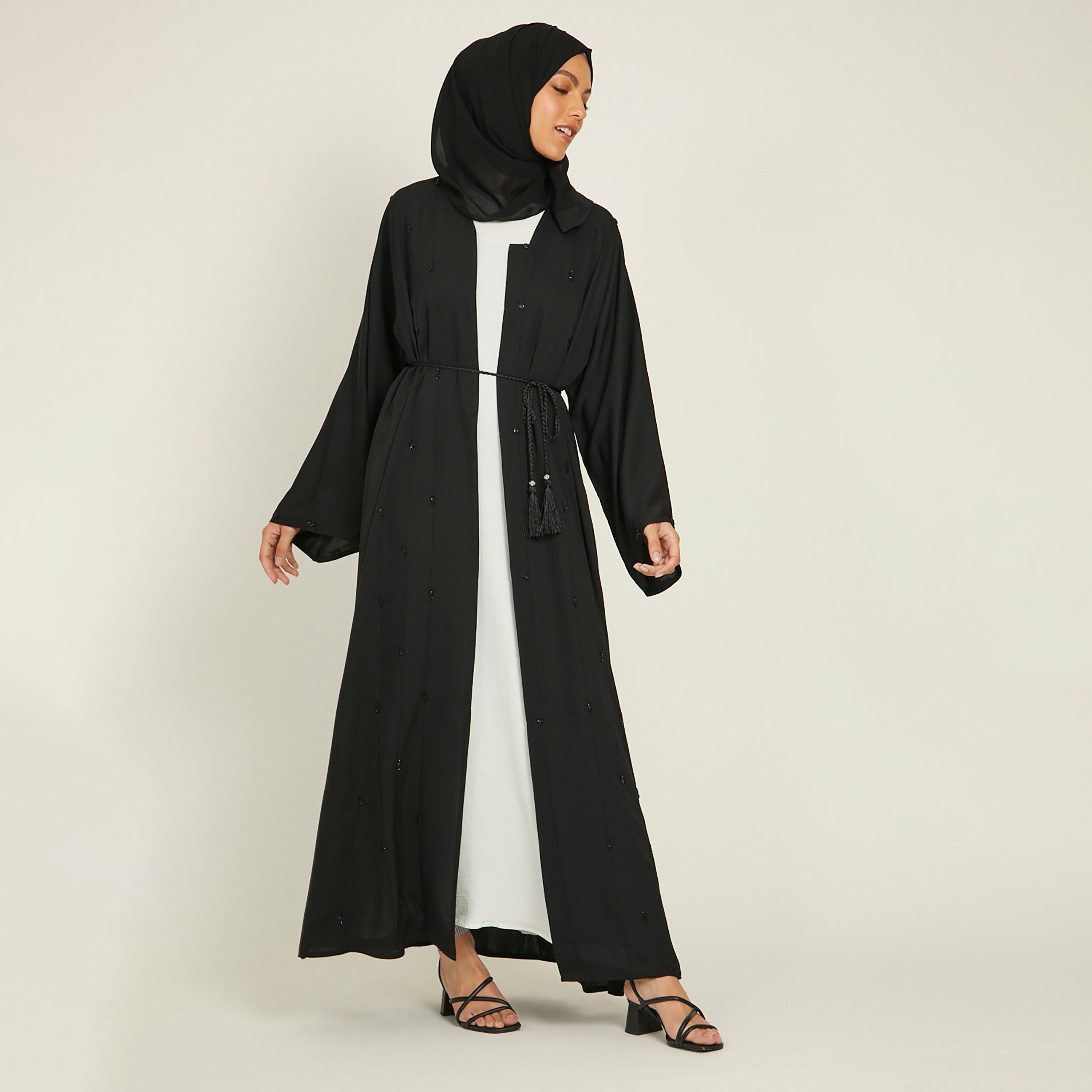 Nukhbaa Black Nida Beaded Tie-Up Abaya with Hijab-women-arabicclothing-abayas-image-4