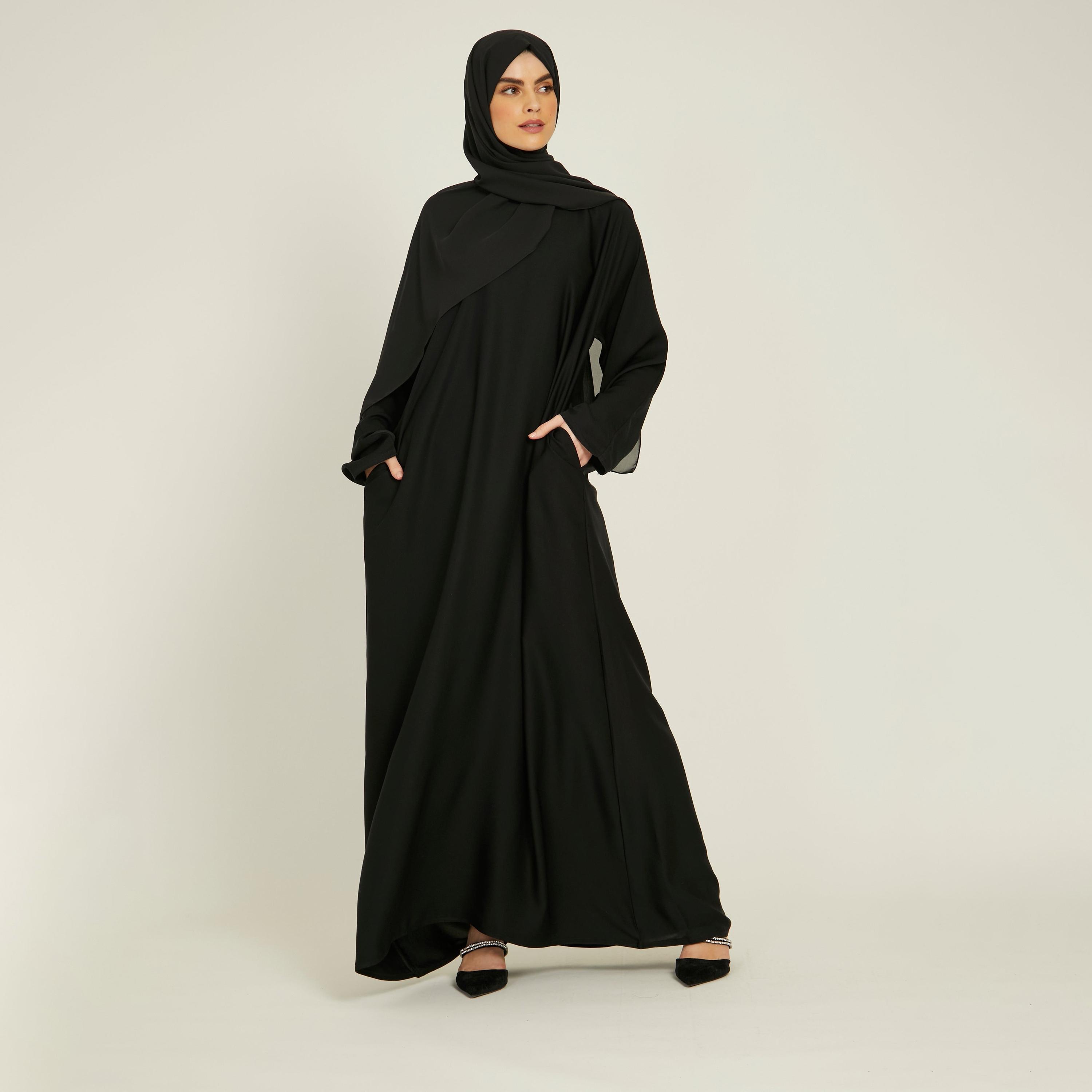 عباية نيدا سوداء ذات حزام برباط وجيوب جانبية من نخبه مع حجاب-women-arabicclothing-abayas-image-3