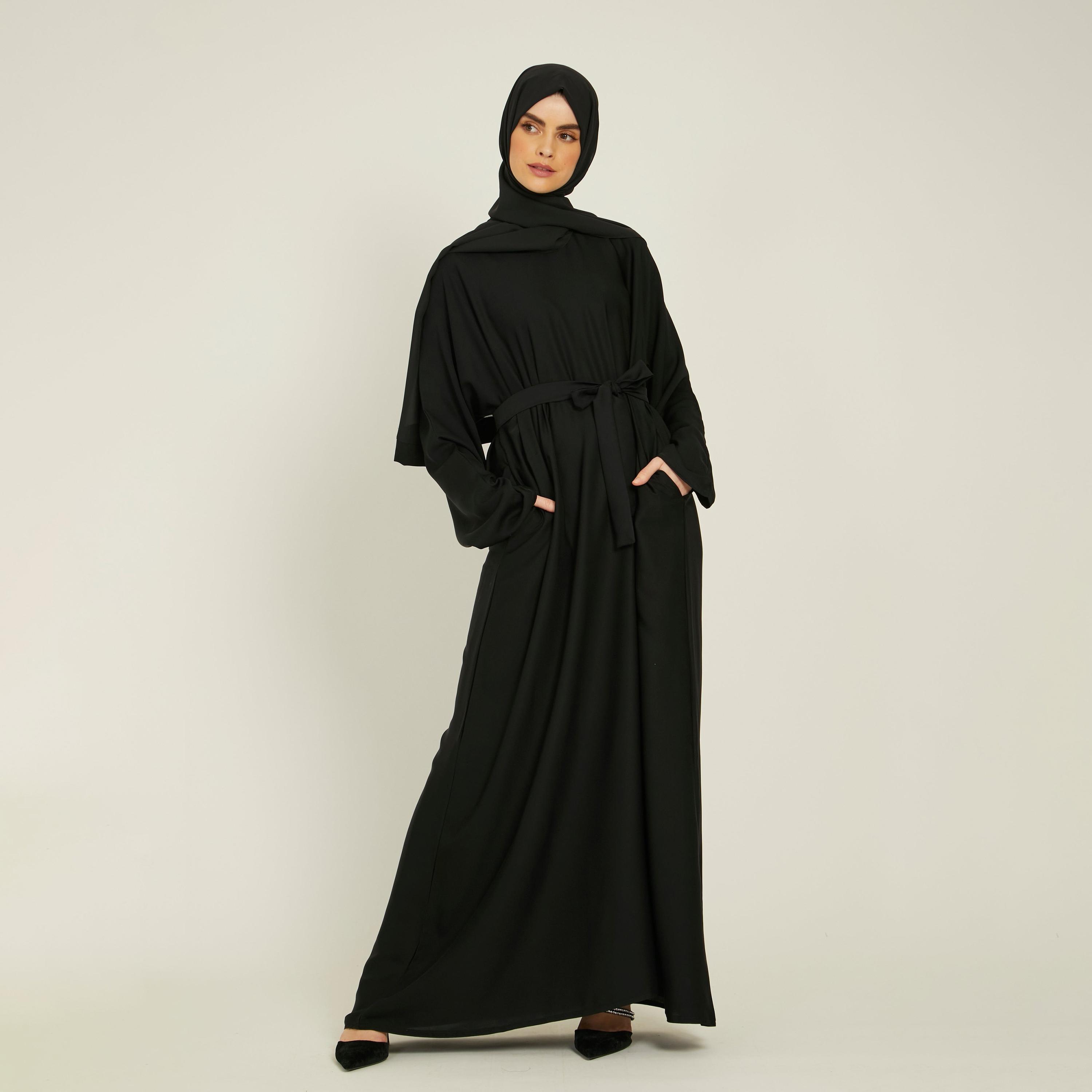 عباية نيدا سوداء ذات حزام برباط وجيوب جانبية من نخبه مع حجاب-women-arabicclothing-abayas-image-4