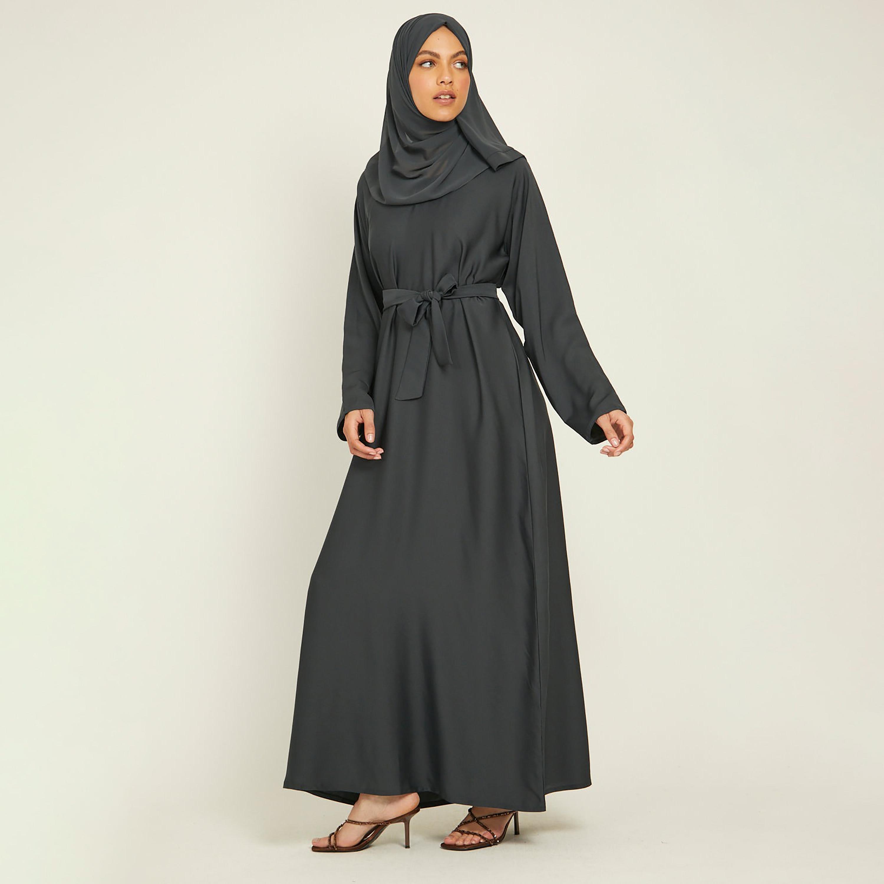 Nukhbaa Grey Nida Tie-Up Belted Abaya with Hijab-women-arabicclothing-abayas-image-1