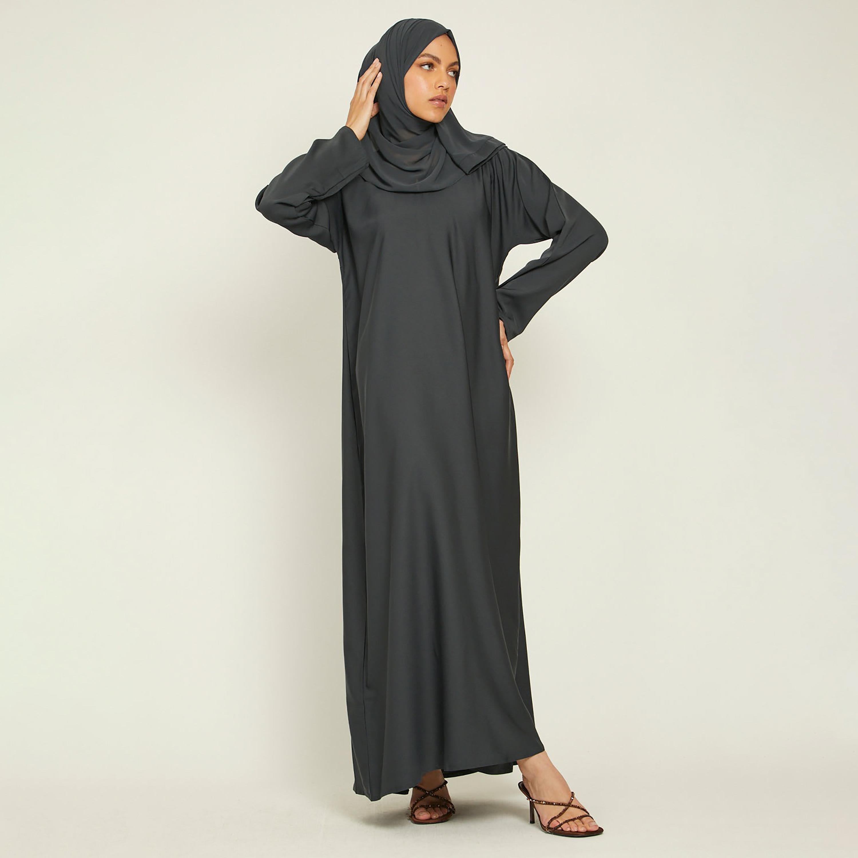 Nukhbaa Grey Nida Tie-Up Belted Abaya with Hijab-women-arabicclothing-abayas-image-3