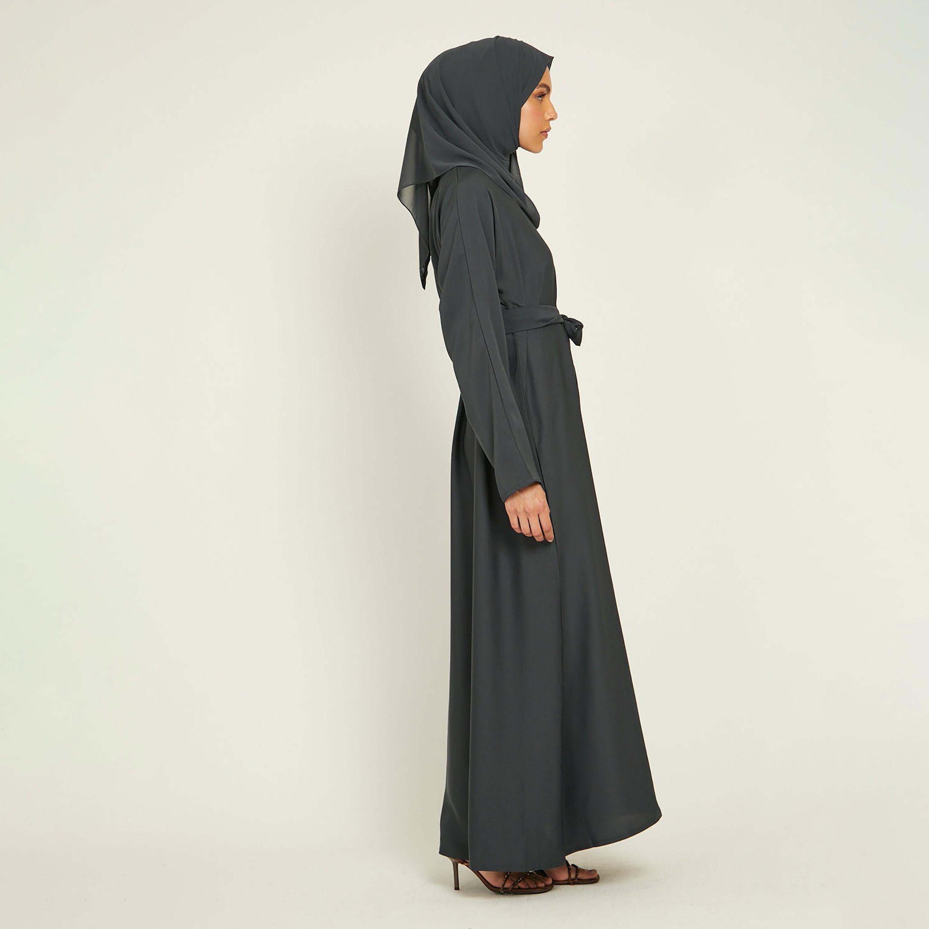 Nukhbaa Grey Nida Tie-Up Belted Abaya with Hijab-women-arabicclothing-abayas-image-4