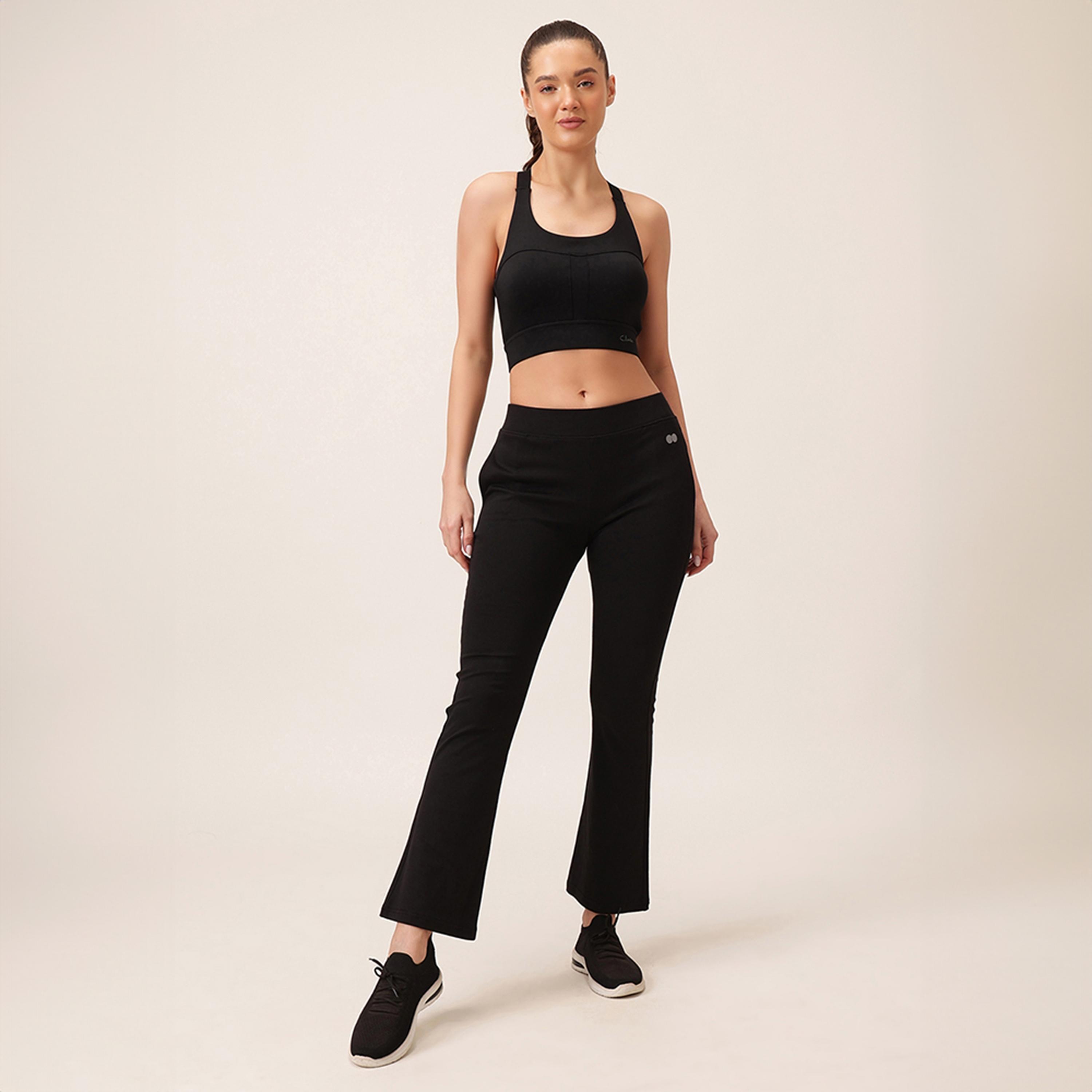 Clovia Comfort Fit High-Waist Flared Women's Yoga Pants in Black with Side Pockets-women-clothing-bottoms-joggers-image-2