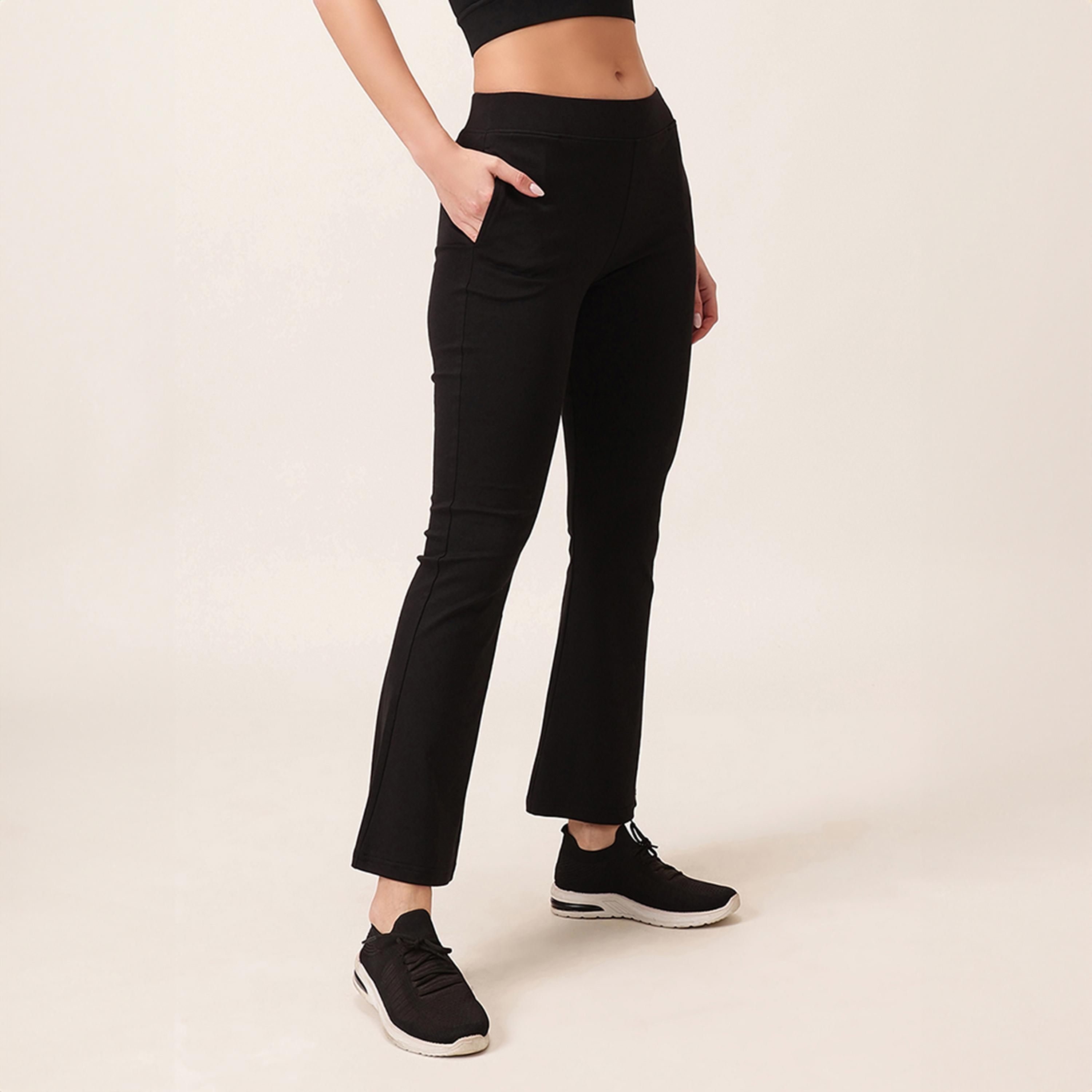 Clovia Comfort Fit High-Waist Flared Women's Yoga Pants in Black with Side Pockets-women-clothing-bottoms-joggers-image-3
