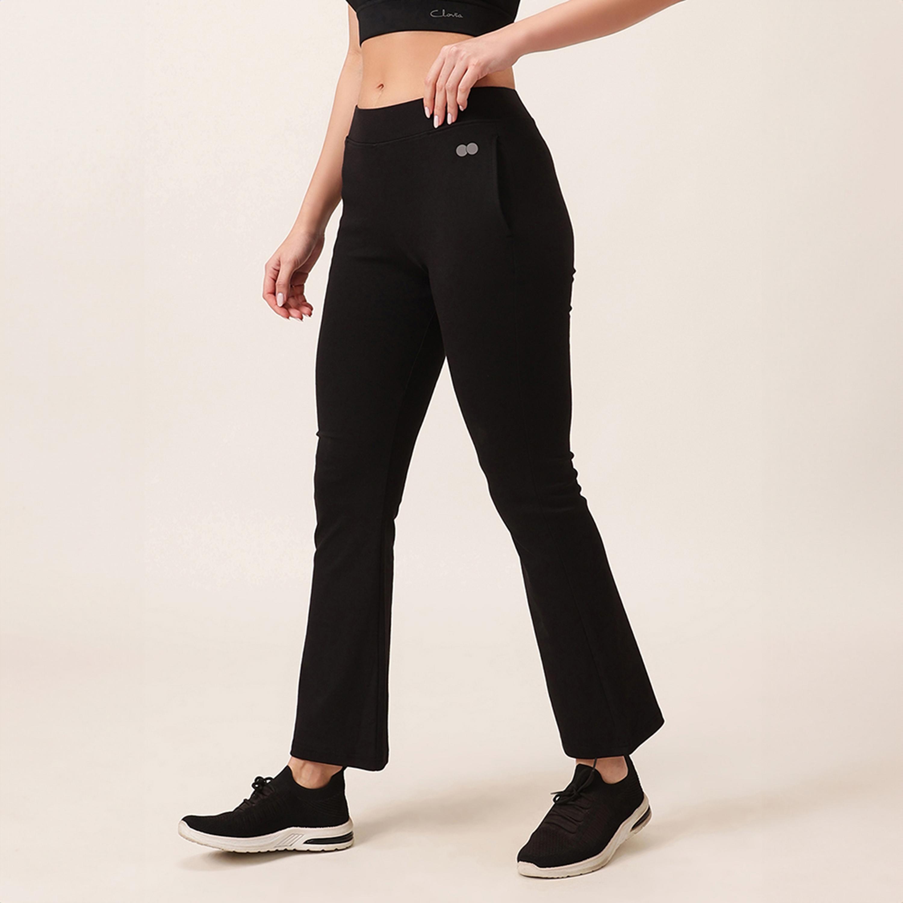 Clovia Comfort Fit High-Waist Flared Women's Yoga Pants in Black with Side Pockets-women-clothing-bottoms-joggers-image-4