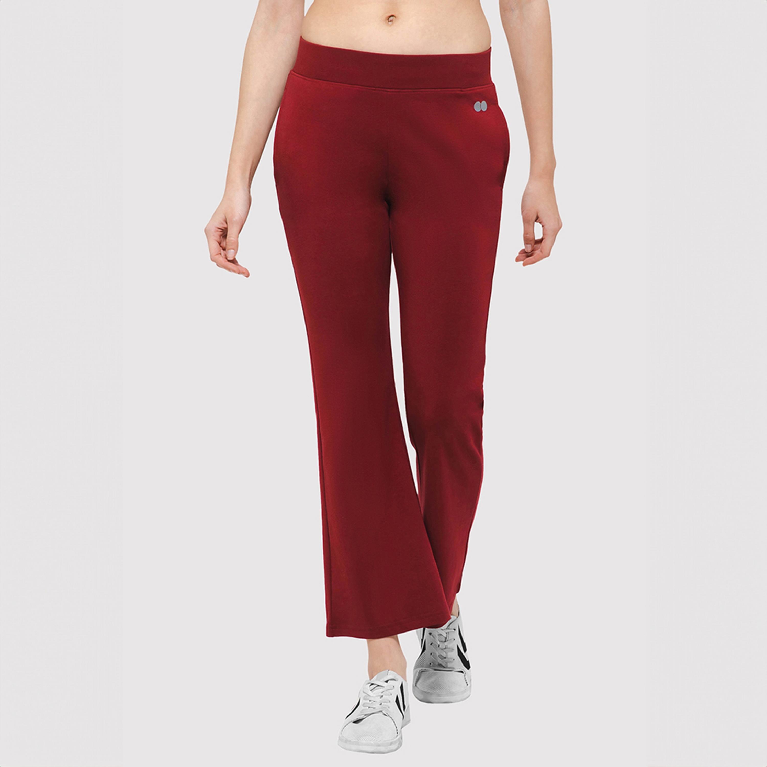 Clovia Comfort Fit Mid-Rise Flared Women's Yoga Pants in Maroon with Side Pockets-women-clothing-bottoms-joggers-image-1
