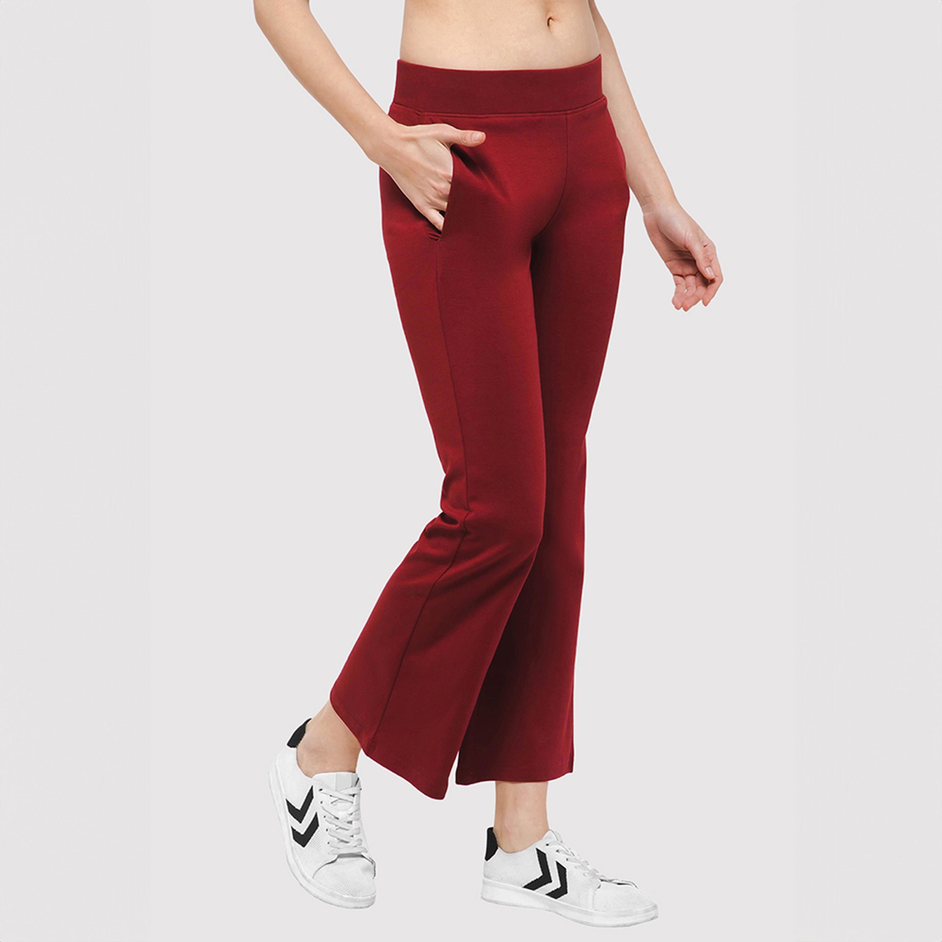 Clovia Comfort Fit Mid-Rise Flared Women's Yoga Pants in Maroon with Side Pockets-women-clothing-bottoms-joggers-image-3