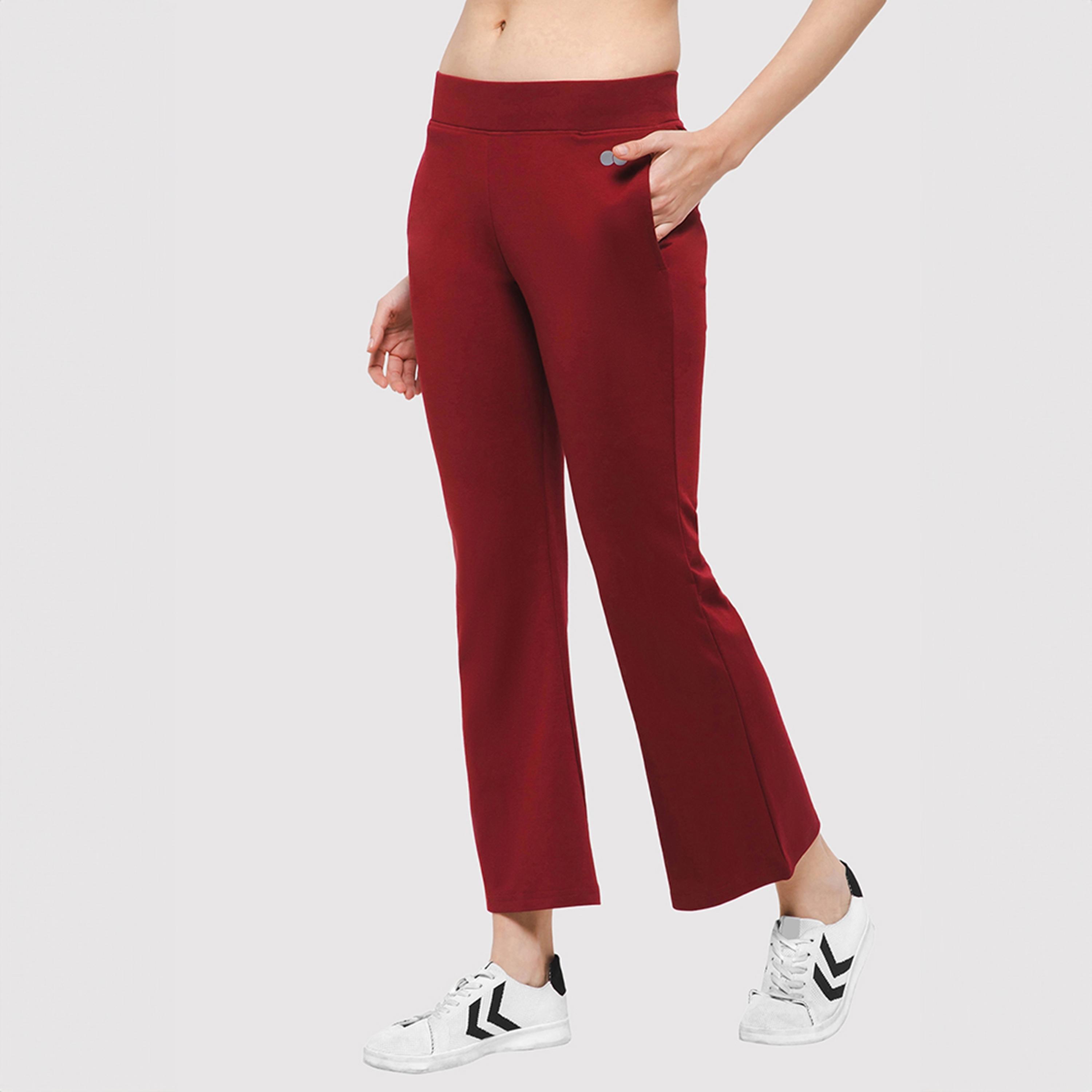Clovia Comfort Fit Mid-Rise Flared Women's Yoga Pants in Maroon with Side Pockets-women-clothing-bottoms-joggers-image-4