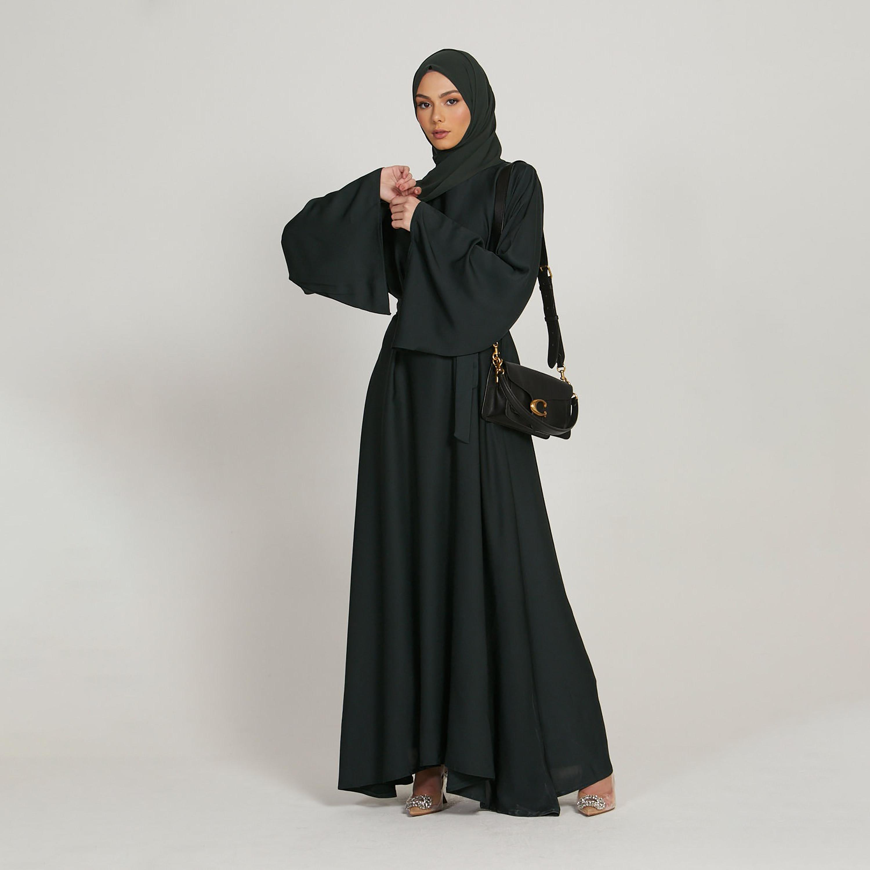 Nukhbaa Black Nida Flared Sleeves Tie-Up Belted Abaya with Hijab-women-arabicclothing-abayas-image-1