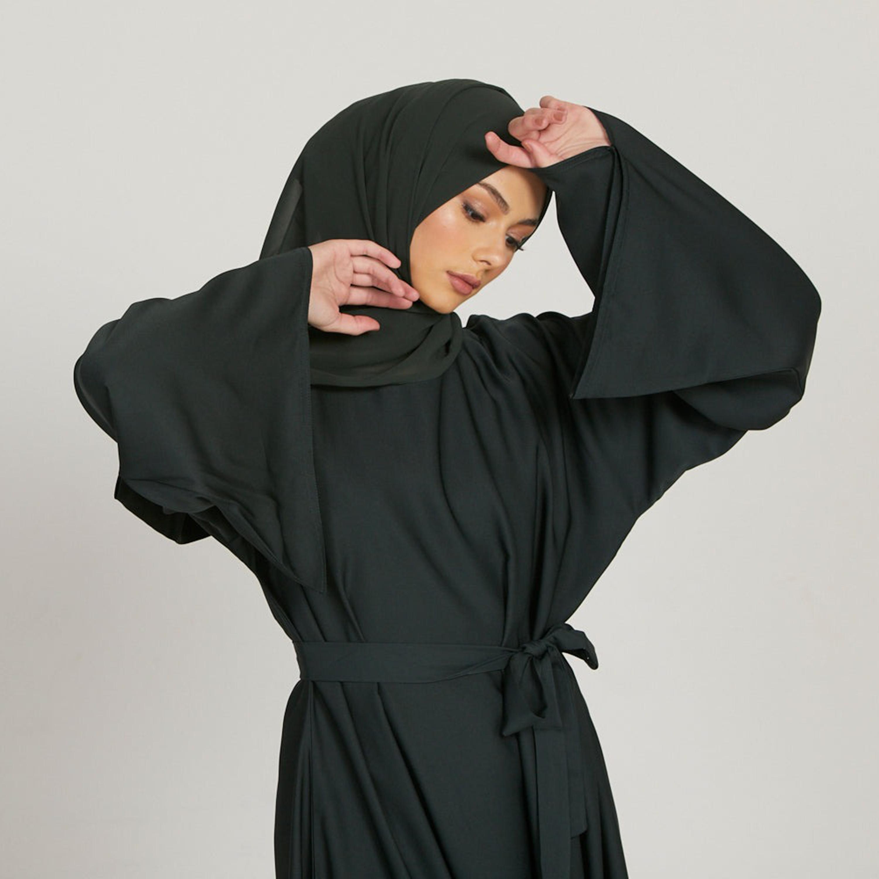 Nukhbaa Black Nida Flared Sleeves Tie-Up Belted Abaya with Hijab-women-arabicclothing-abayas-image-2
