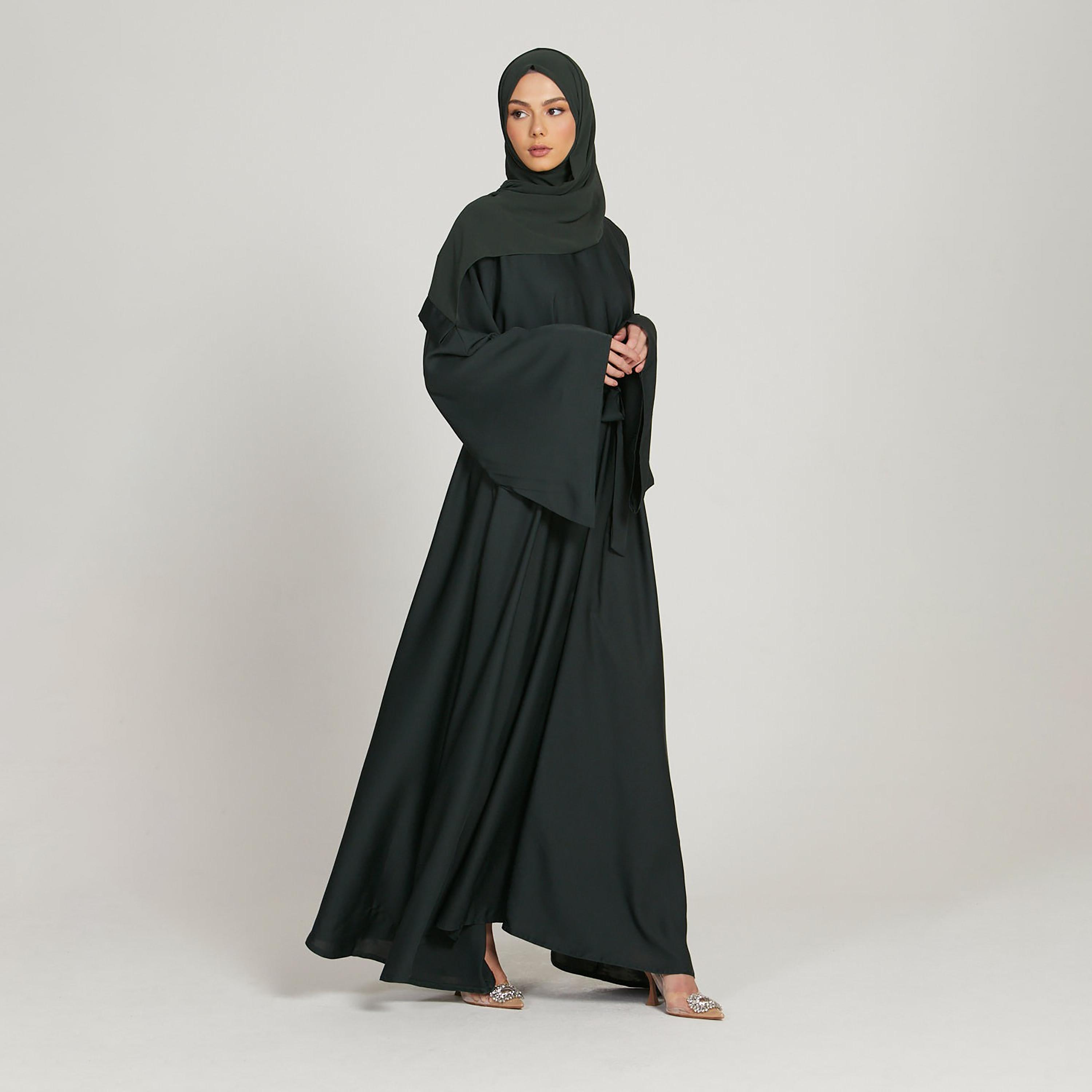 Nukhbaa Black Nida Flared Sleeves Tie-Up Belted Abaya with Hijab-women-arabicclothing-abayas-image-3