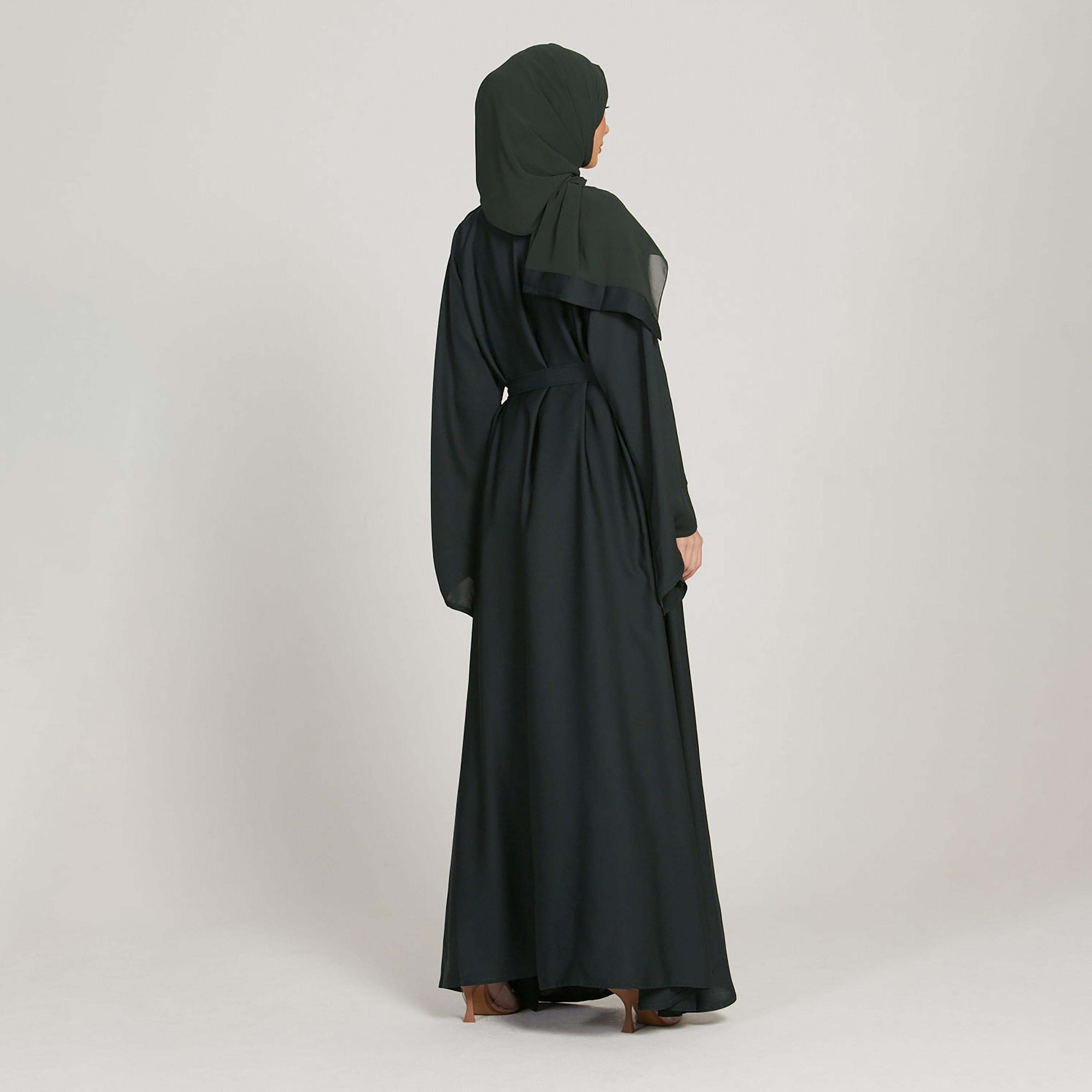 Nukhbaa Black Nida Flared Sleeves Tie-Up Belted Abaya with Hijab-women-arabicclothing-abayas-image-4