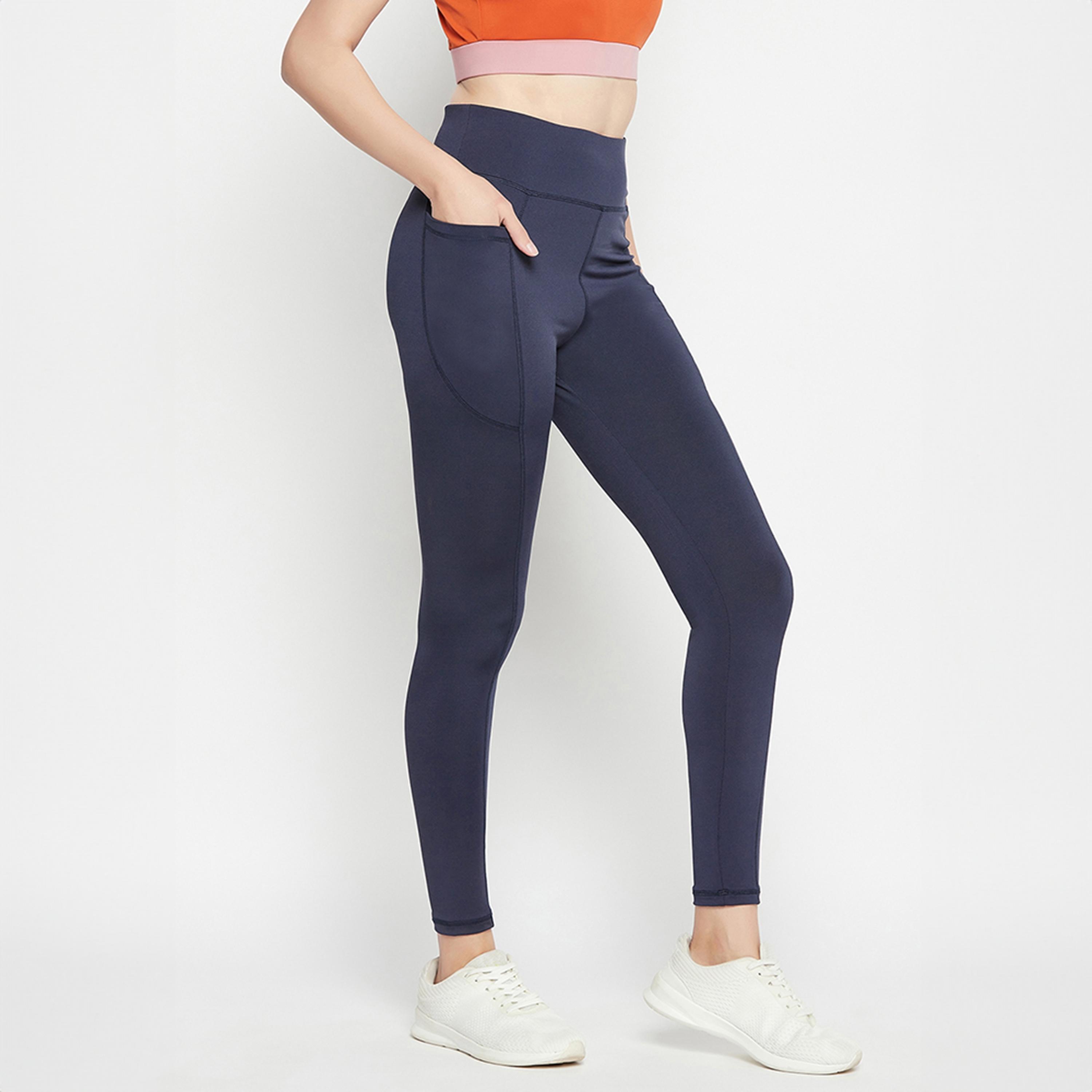 Clovia High-Rise Women's Active Tights in Navy with Side Pocket-women-clothing-bottoms-leggings-image-3
