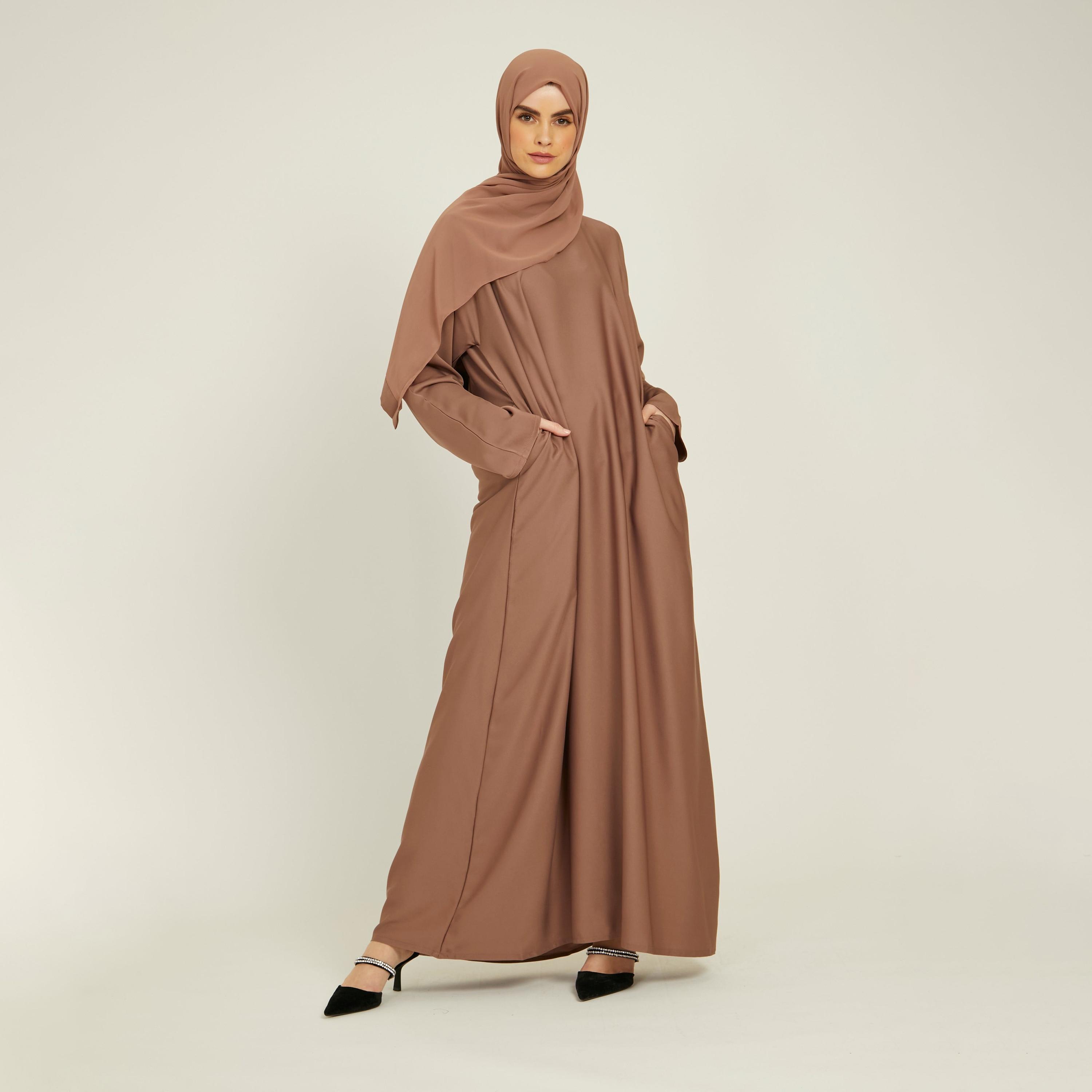 عباية نيدا بنية ذات حزام برباط وجيوب جانبية من نخبه مع حجاب-women-arabicclothing-abayas-image-3