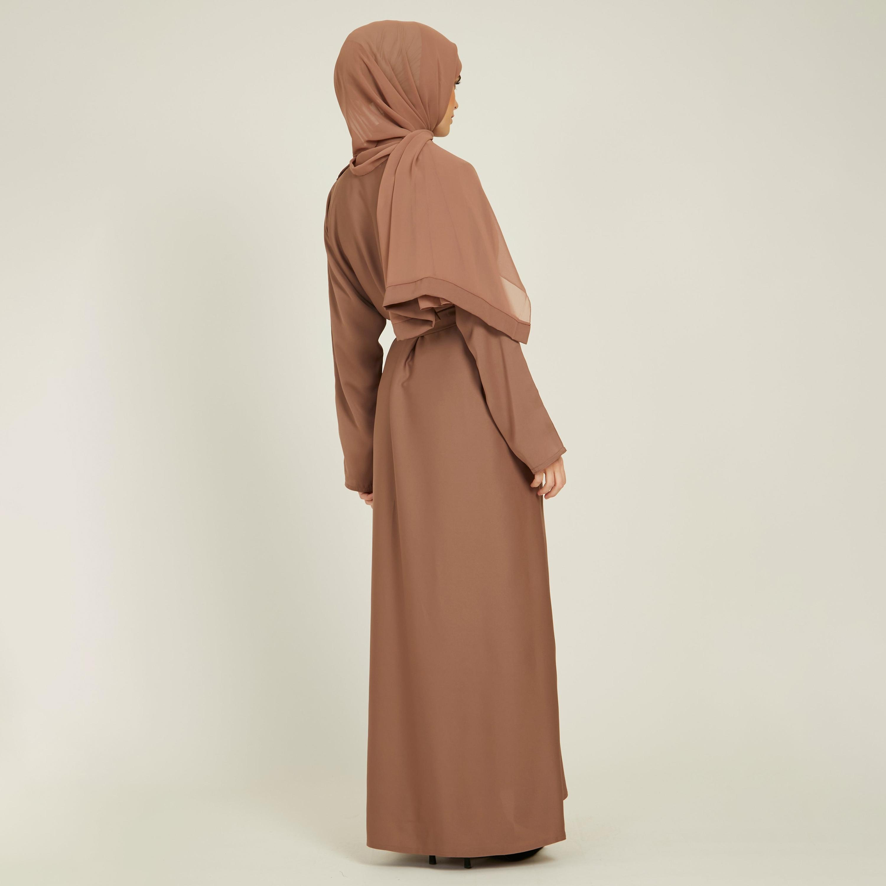 عباية نيدا بنية ذات حزام برباط وجيوب جانبية من نخبه مع حجاب-women-arabicclothing-abayas-image-4
