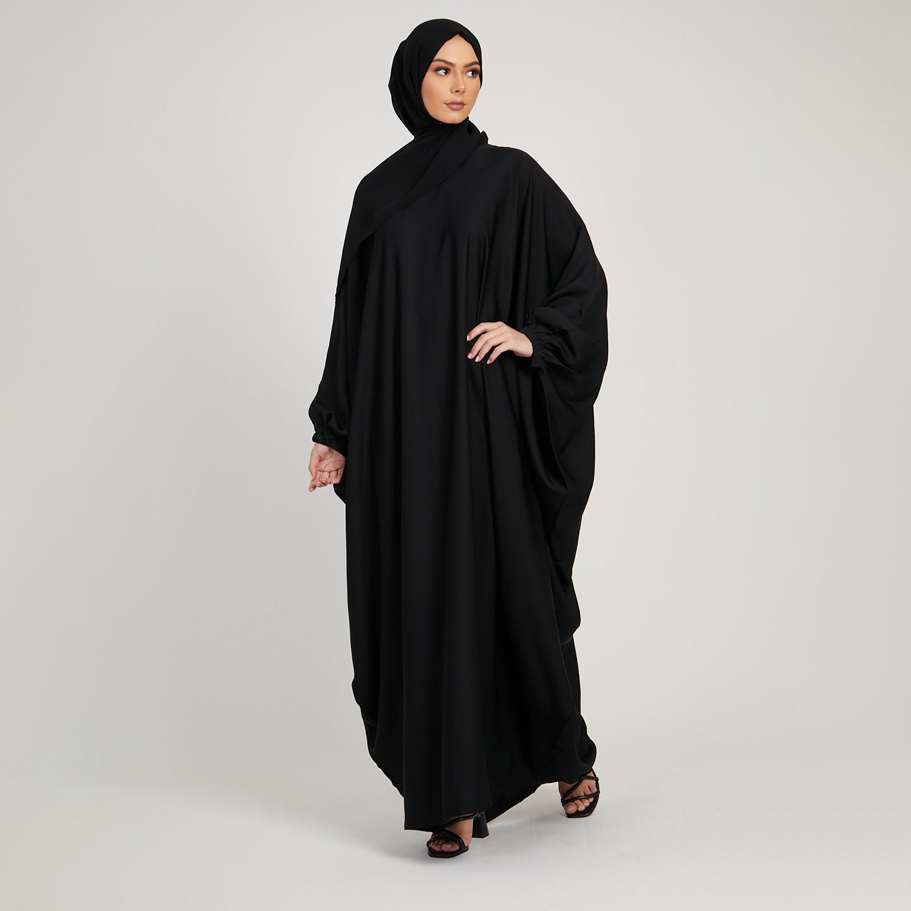 Nukhbaa Black Nida Elasticated Cuff Sleeve Butterfly Abaya with Hijab-women-arabicclothing-prayerclothing-image-1