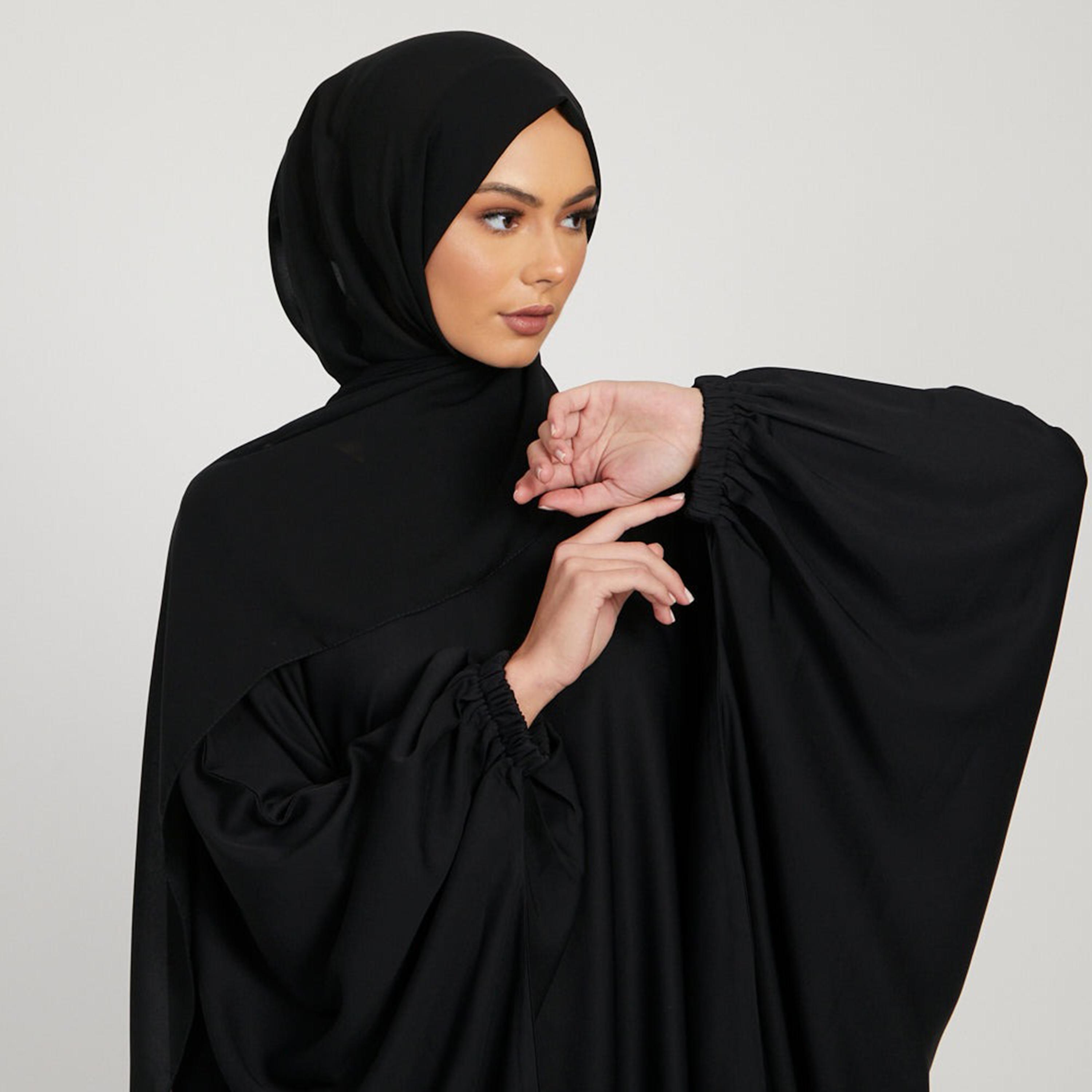 Nukhbaa Black Nida Elasticated Cuff Sleeve Butterfly Abaya with Hijab-women-arabicclothing-prayerclothing-image-2