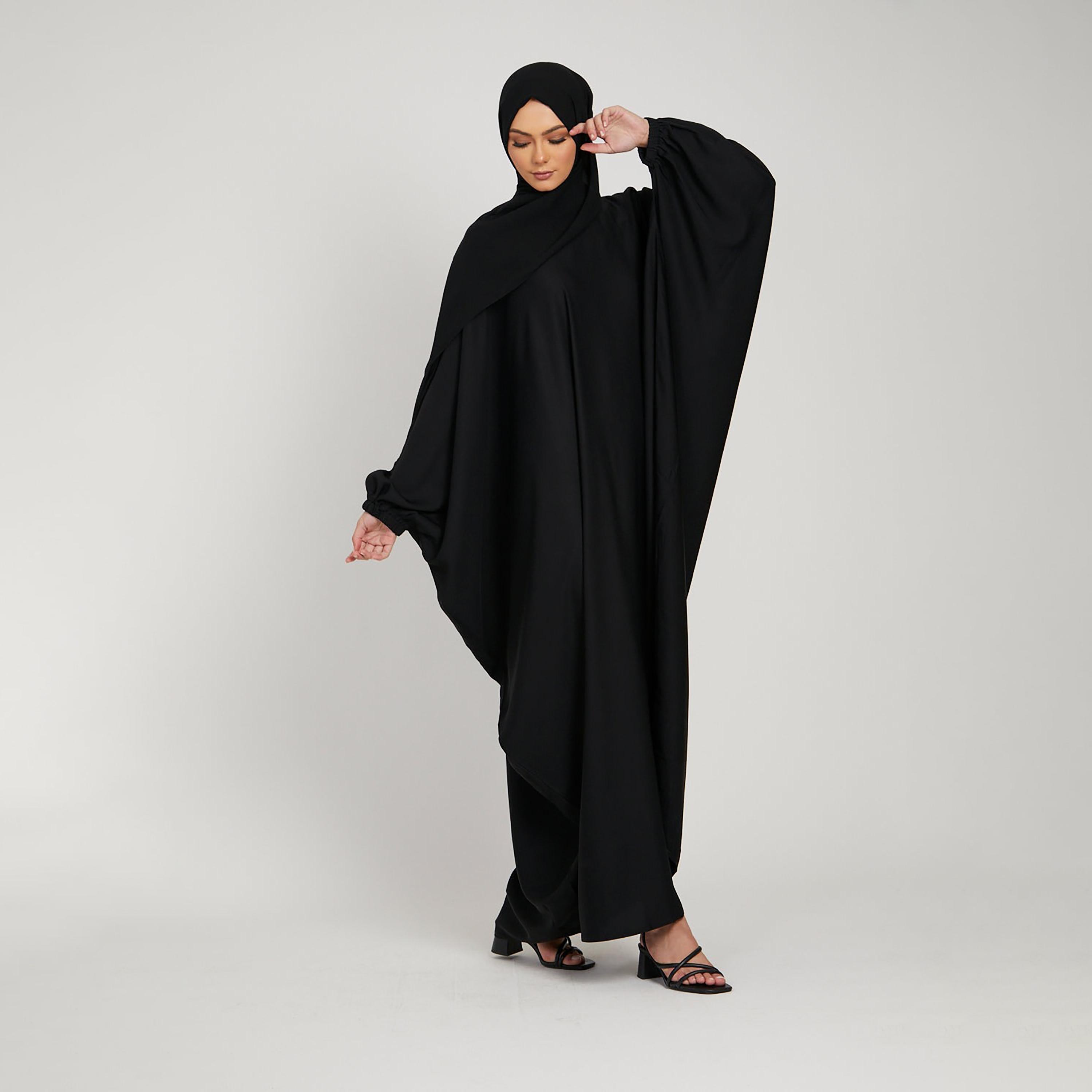 Nukhbaa Black Nida Elasticated Cuff Sleeve Butterfly Abaya with Hijab-women-arabicclothing-prayerclothing-image-3