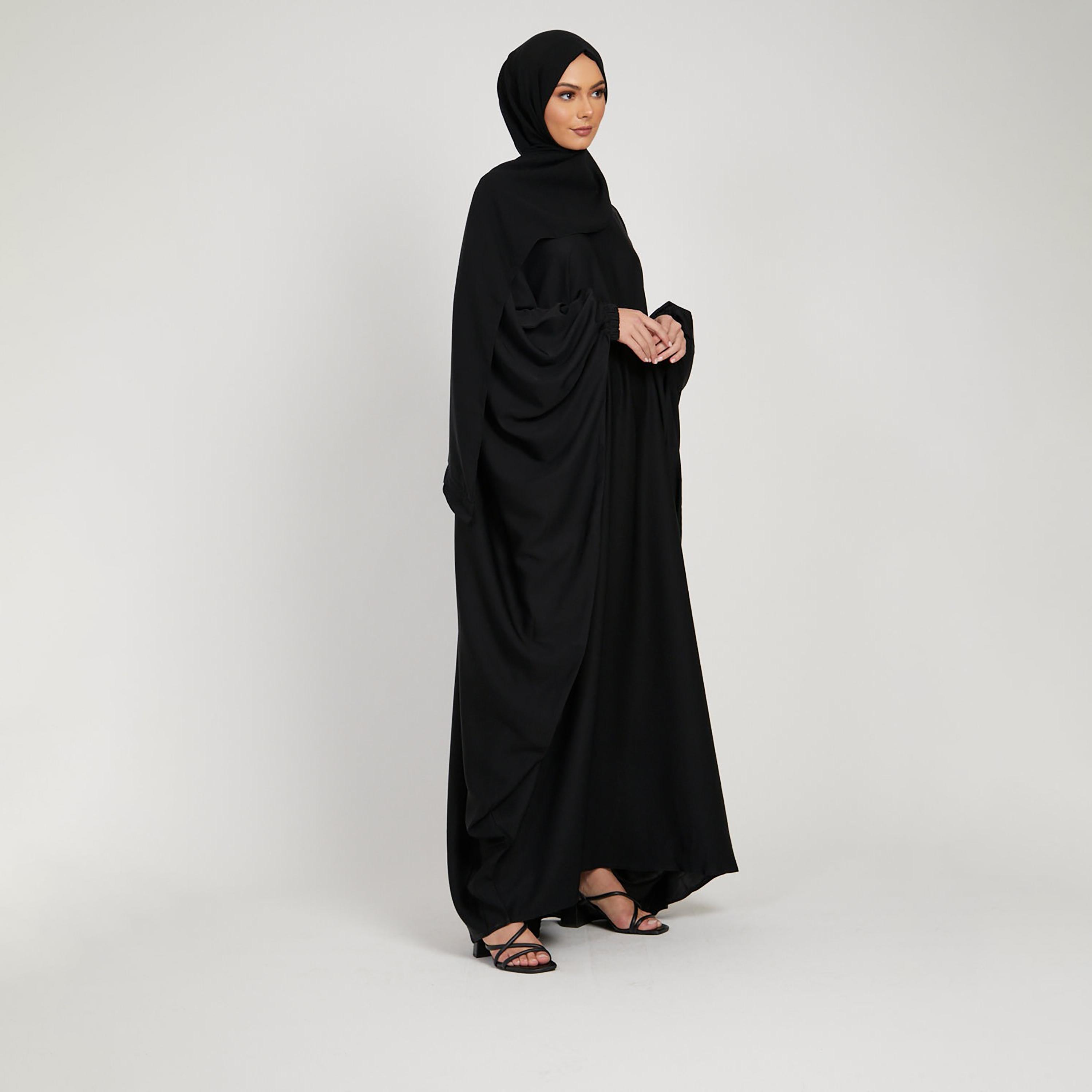 Nukhbaa Black Nida Elasticated Cuff Sleeve Butterfly Abaya with Hijab-women-arabicclothing-prayerclothing-image-4