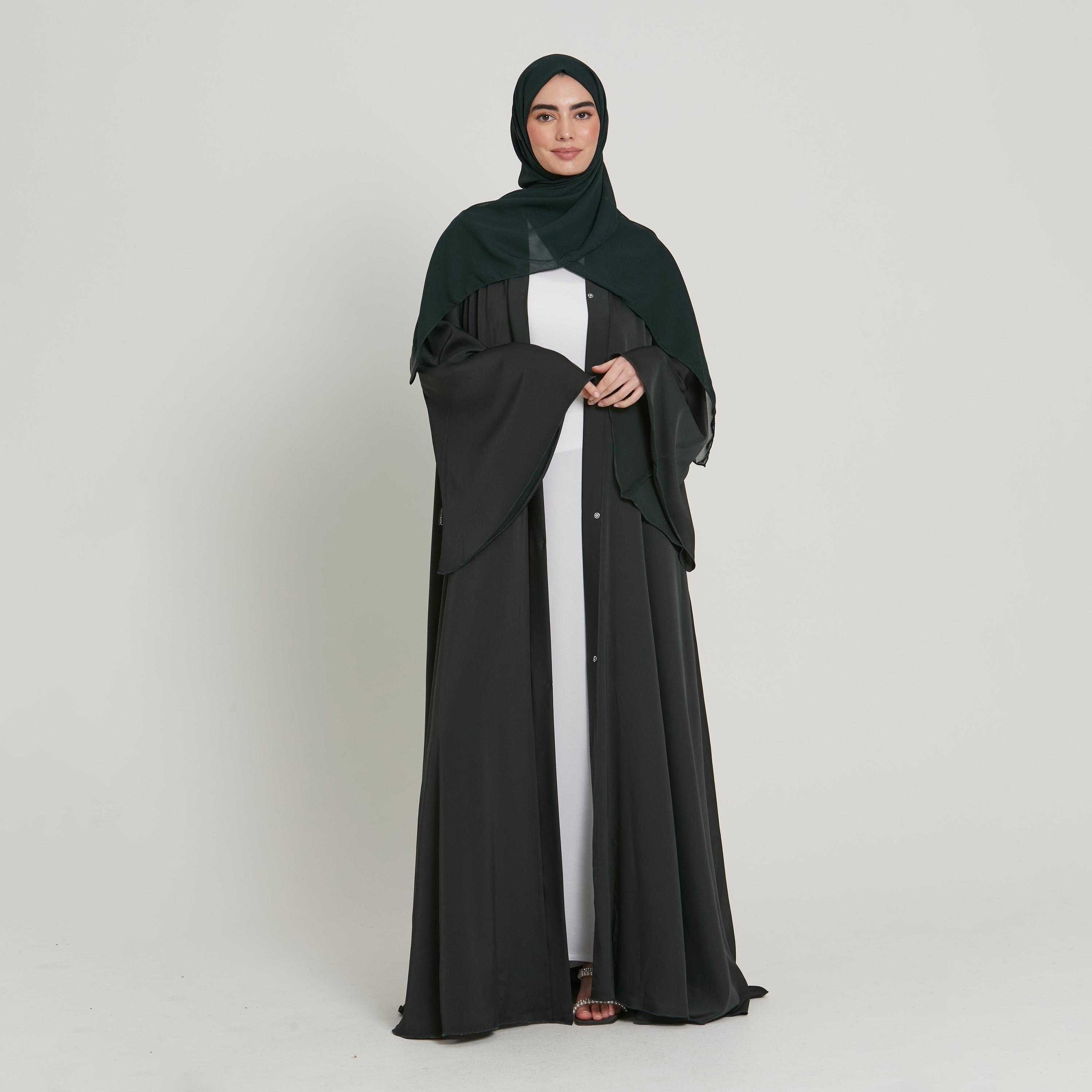 Nukhbaa Green Nida Flared Sleeves Tie-Up Belted Wrap Abaya with Hijab-women-arabicclothing-abayas-image-1