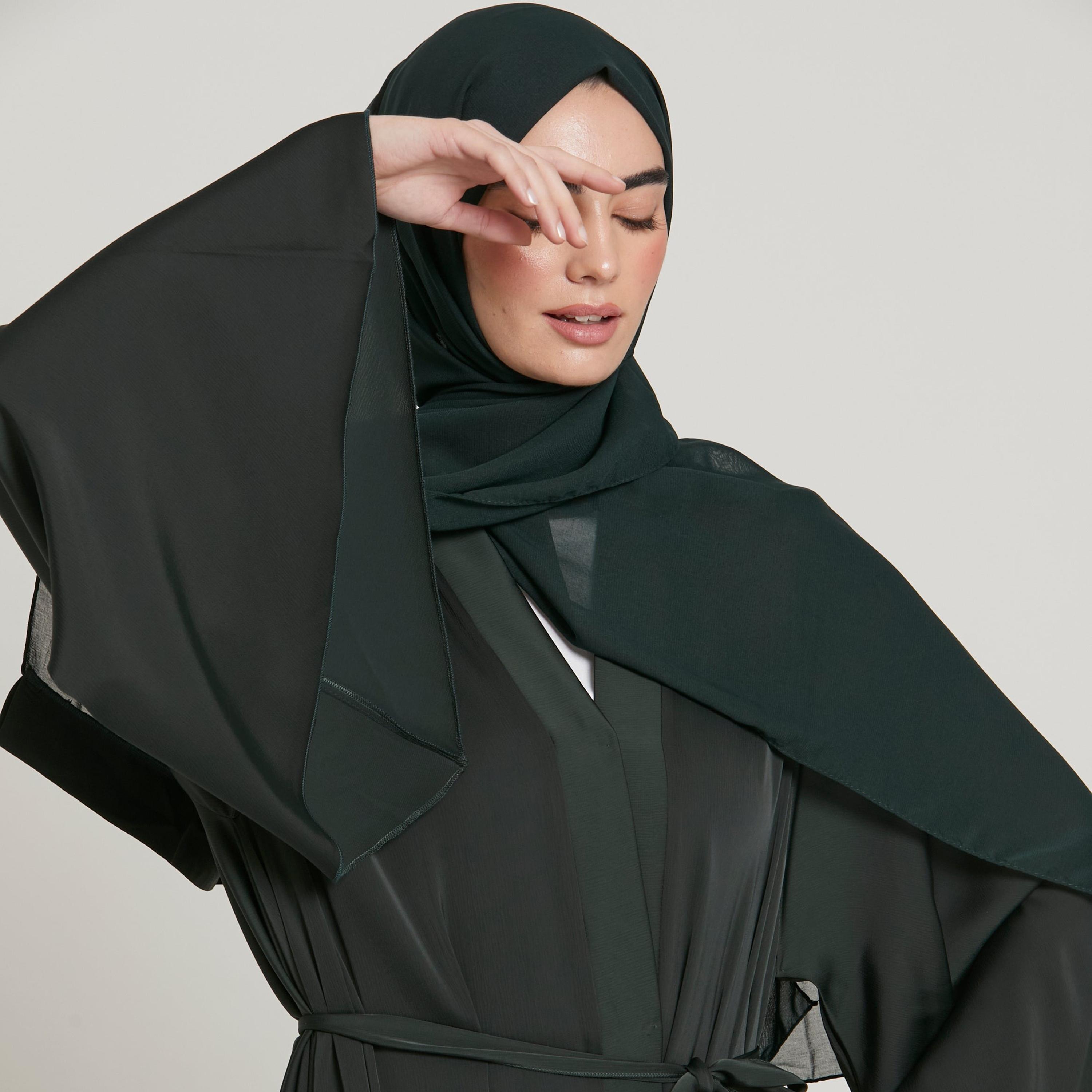 Nukhbaa Green Nida Flared Sleeves Tie-Up Belted Wrap Abaya with Hijab-women-arabicclothing-abayas-image-2
