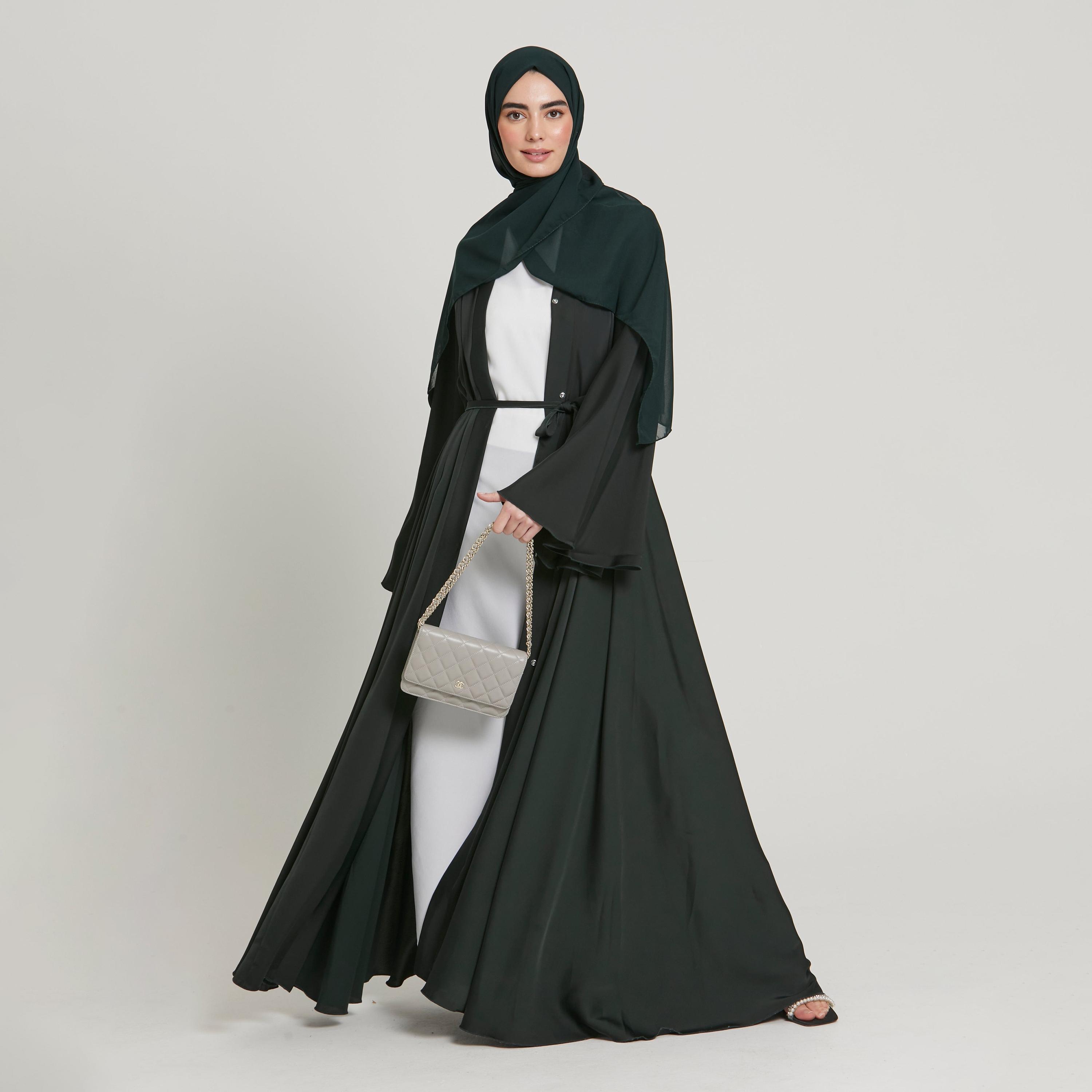 Nukhbaa Green Nida Flared Sleeves Tie-Up Belted Wrap Abaya with Hijab-women-arabicclothing-abayas-image-3