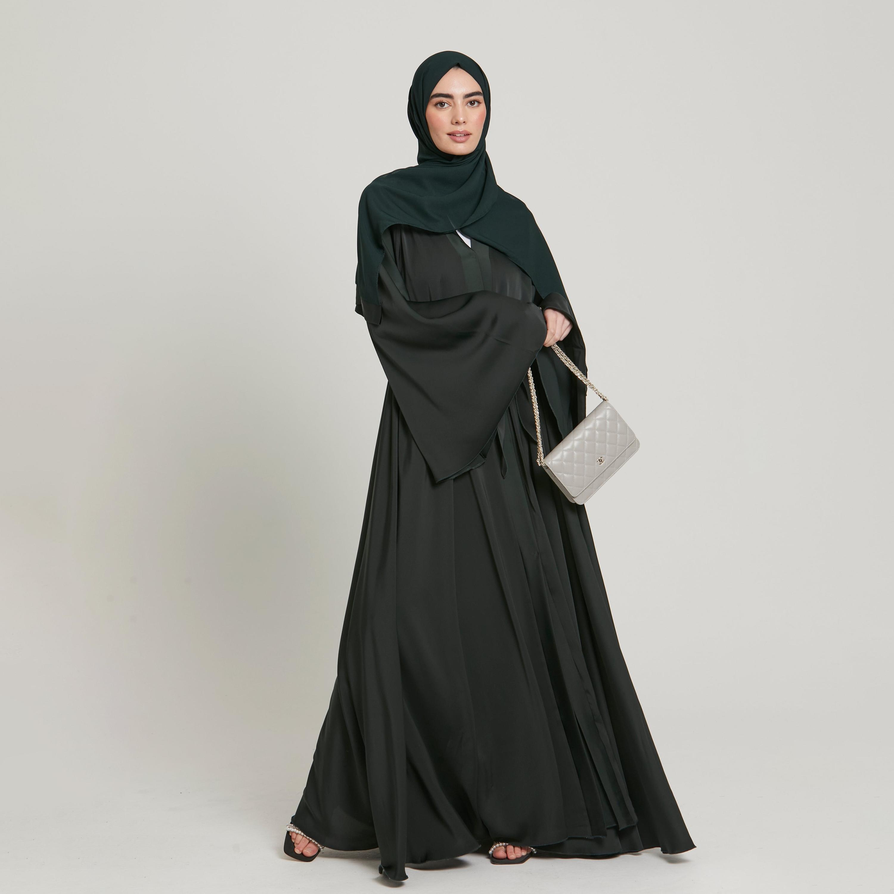 Nukhbaa Green Nida Flared Sleeves Tie-Up Belted Wrap Abaya with Hijab-women-arabicclothing-abayas-image-4