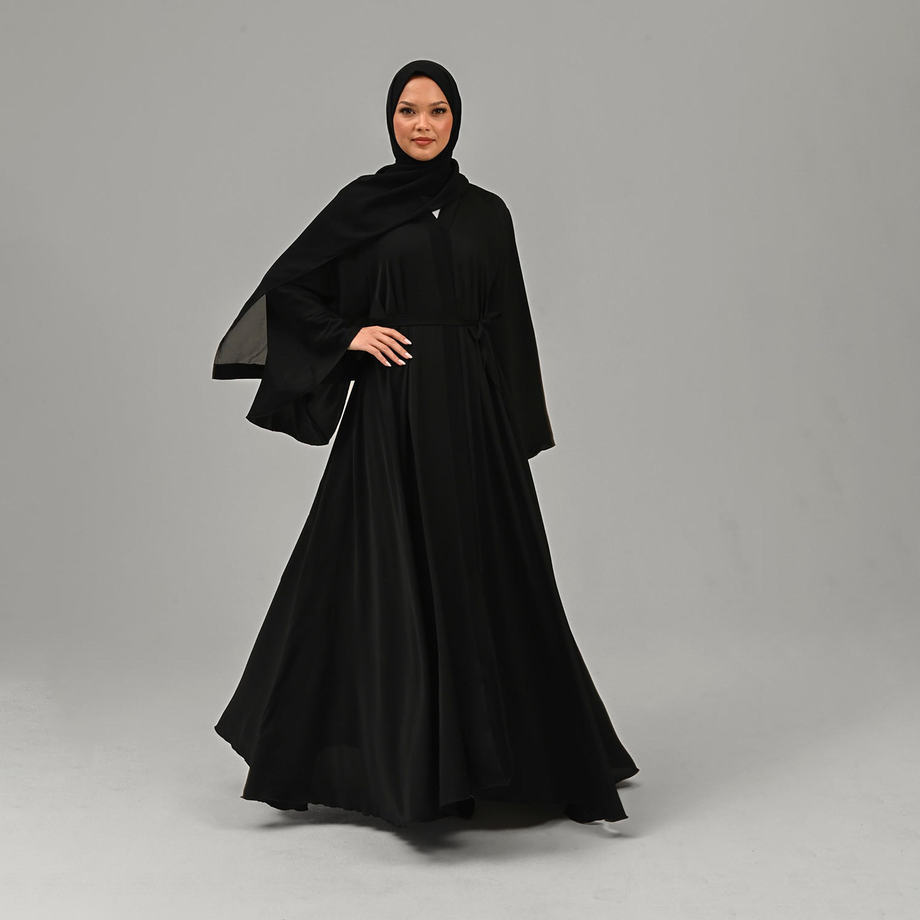 Nukhbaa Black Nida Flared Sleeves Tie-Up Belted Wrap Abaya with Hijab-women-arabicclothing-abayas-image-1